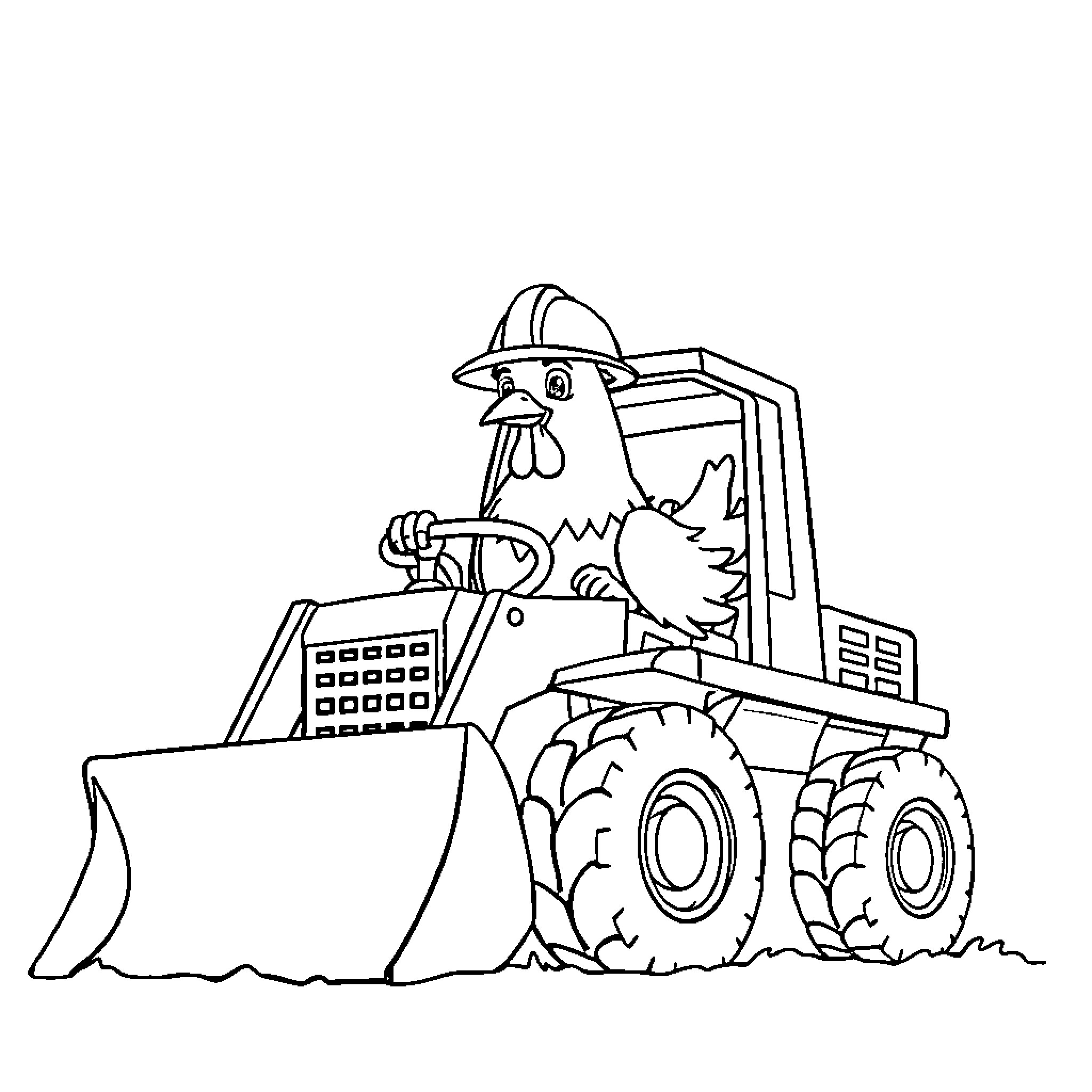 Chicken operating a construction vehicle Coloring Page (free black-and-white line drawing printable PDF for all, from beginners to advanced learners, including children, teens, adults, and seniors)