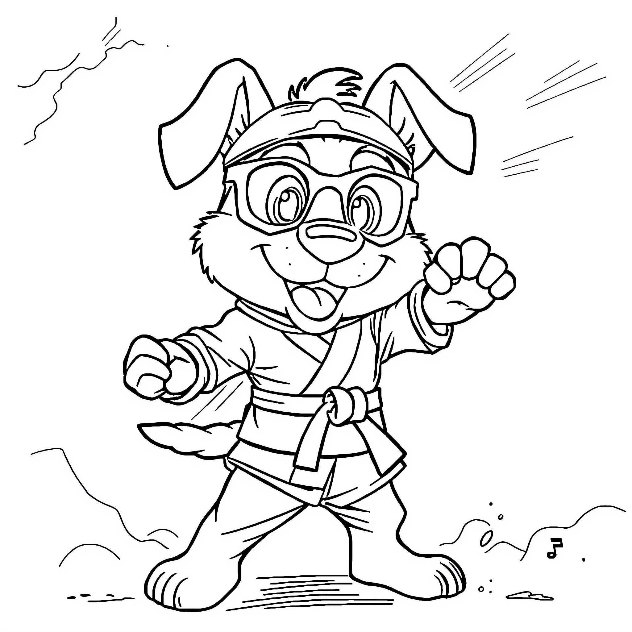 Hong Kong Phooey in Heroic Pose with Ninja Outfit Coloring Page (free black-and-white line drawing printable PDF for all, from beginners to advanced learners, including children, teens, adults, and seniors)