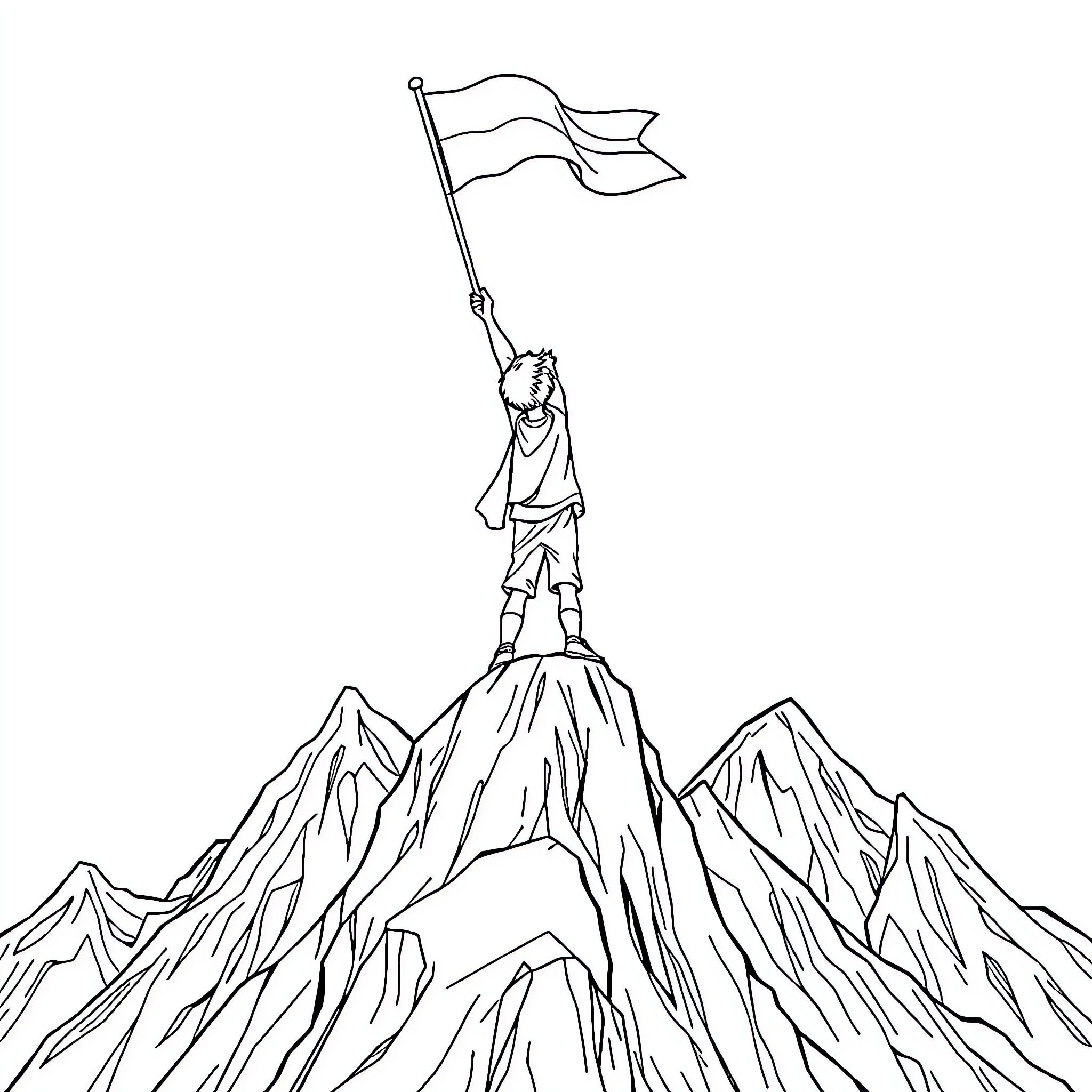 Boy raising flag atop mountain peak Coloring Page (free black-and-white line drawing printable PDF for all, from beginners to advanced learners, including children, teens, adults, and seniors)