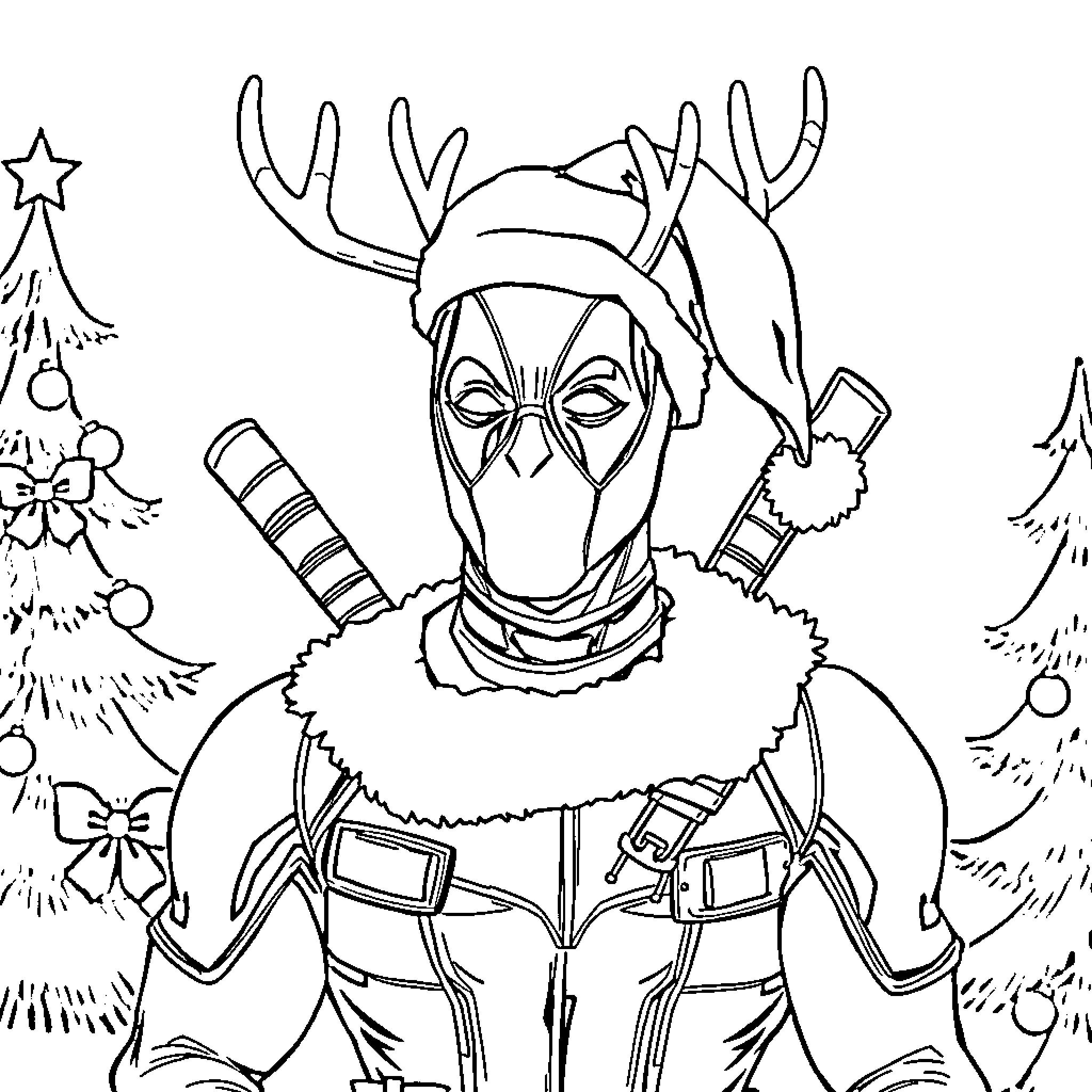 Deadpool dressed in winter attire in a festive scene Coloring Page (free black-and-white line drawing printable PDF for all, from beginners to advanced learners, including children, teens, adults, and seniors)