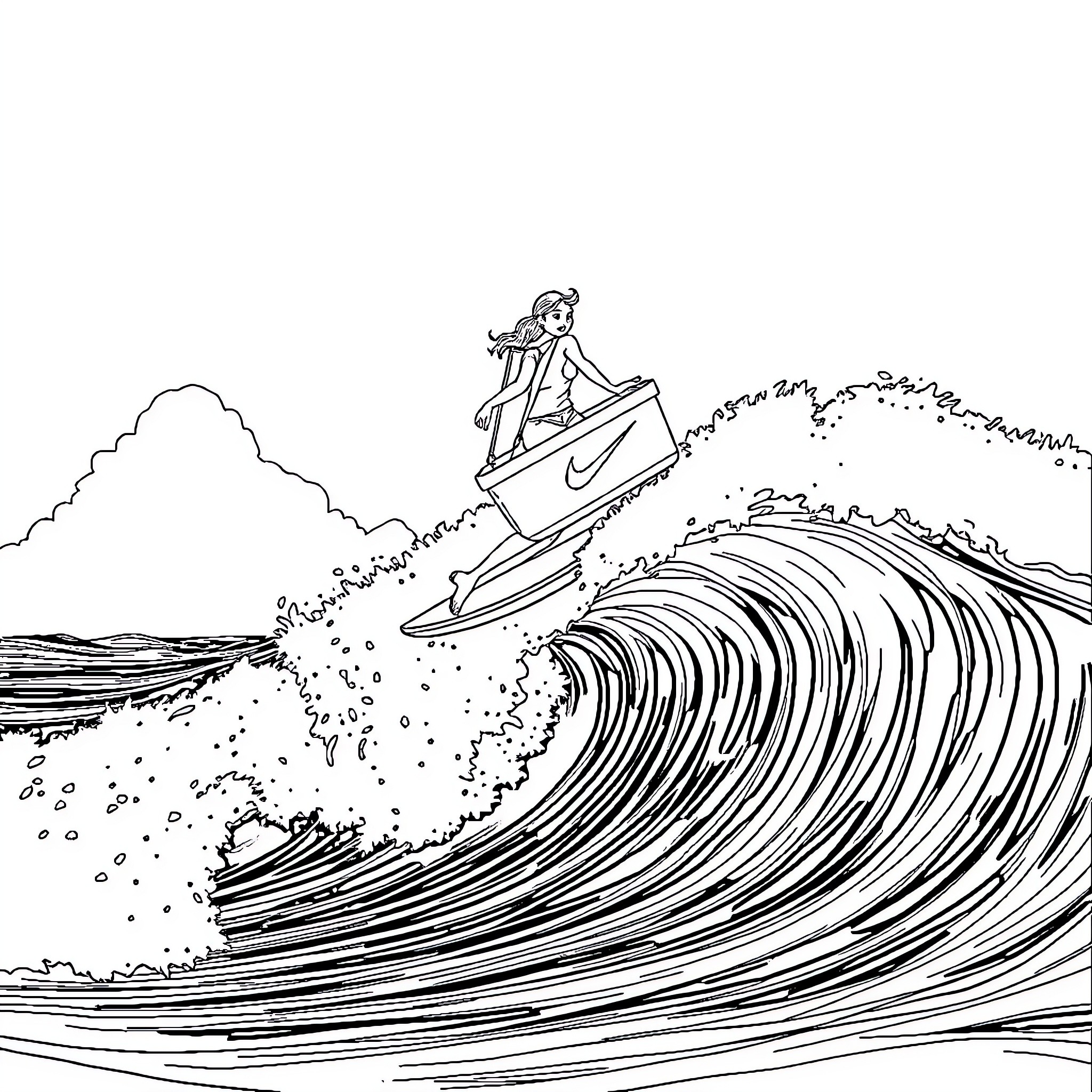Nike Shoe Surfer riding massive ocean wave Coloring Page (free black-and-white line drawing printable PDF for all, from beginners to advanced learners, including children, teens, adults, and seniors)
