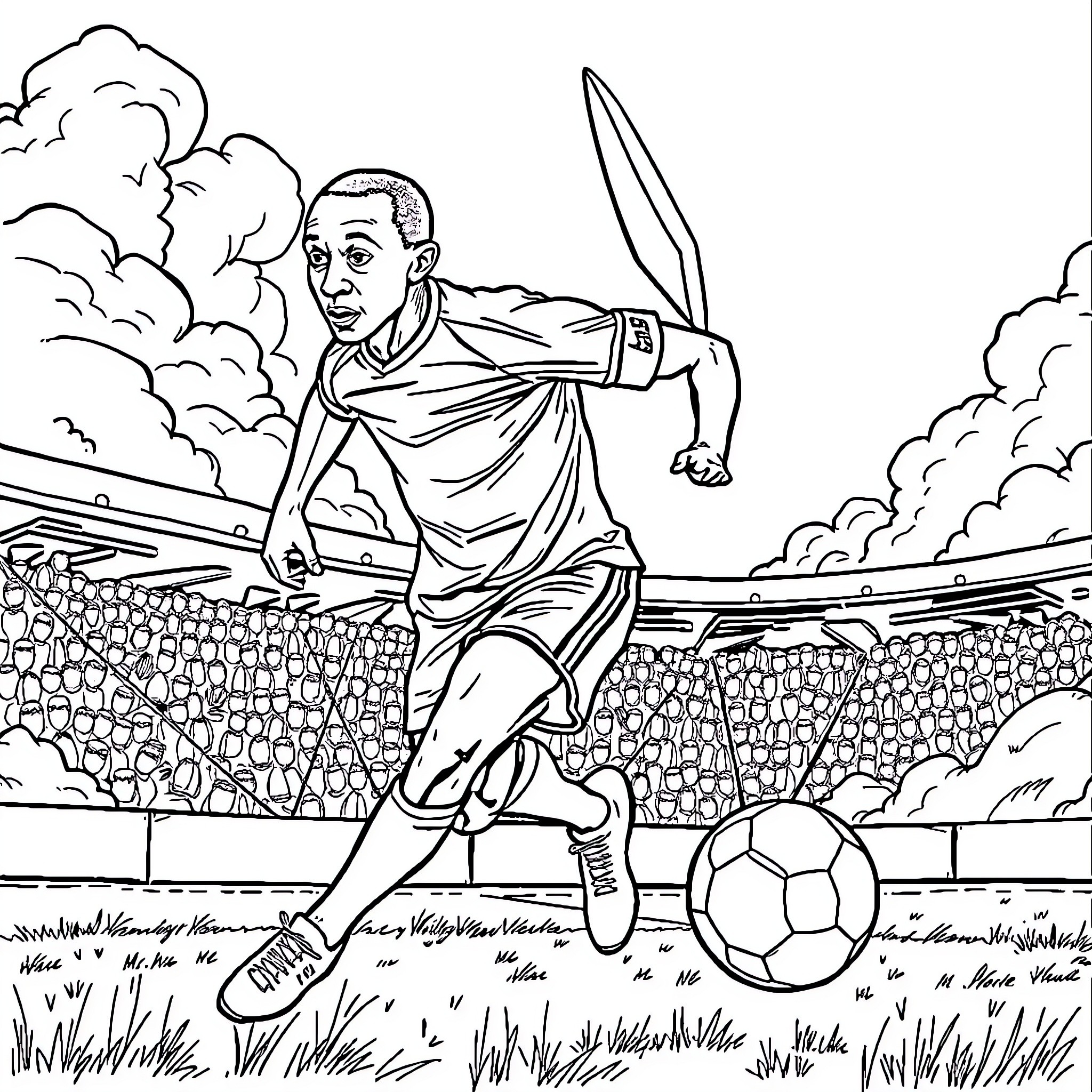 Mbappe showcasing his soccer skills on the field Coloring Page (free black-and-white line drawing printable PDF for all, from beginners to advanced learners, including children, teens, adults, and seniors)