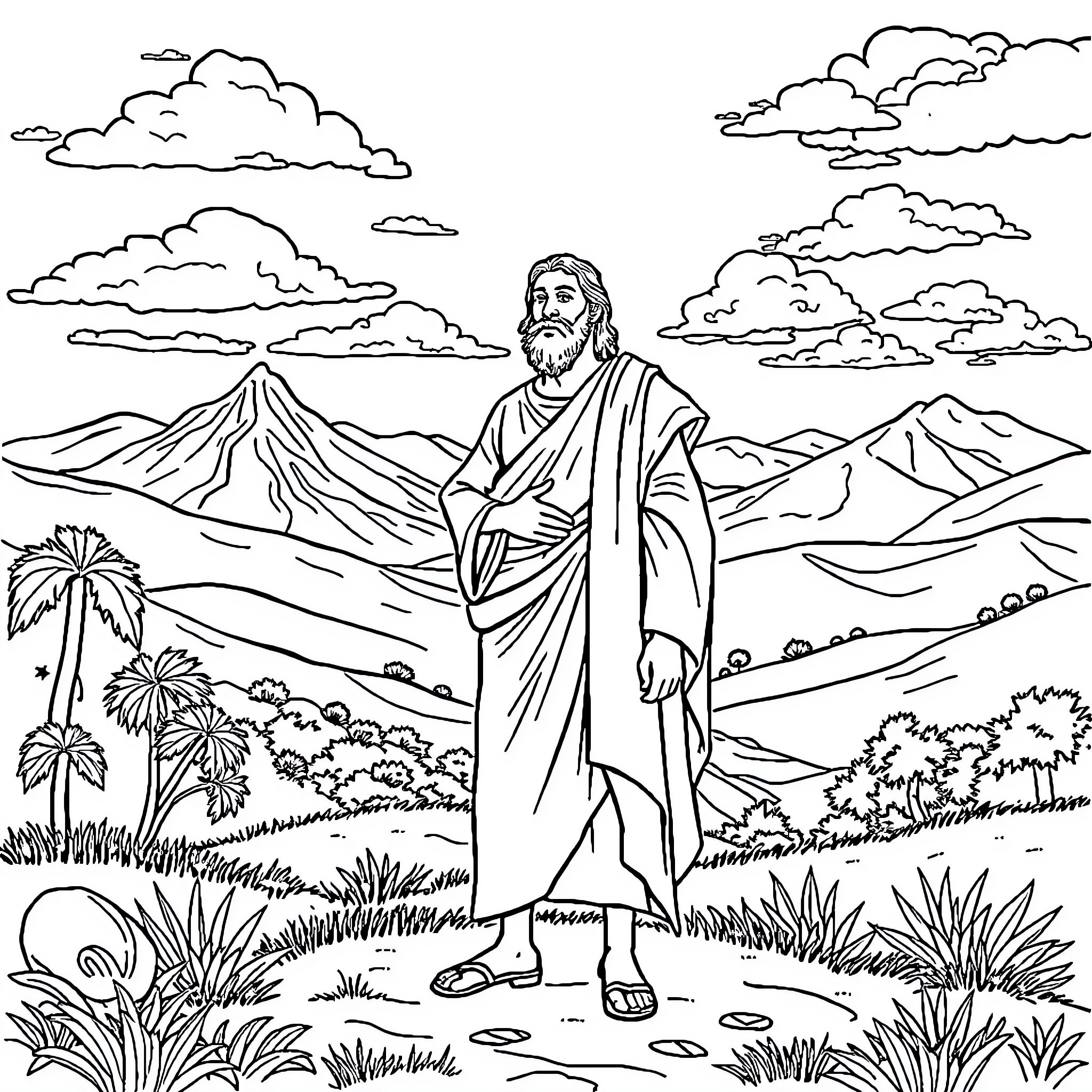 Josue's Journey Through the Mountainous Landscape Coloring Page (free black-and-white line drawing printable PDF for all, from beginners to advanced learners, including children, teens, adults, and seniors)