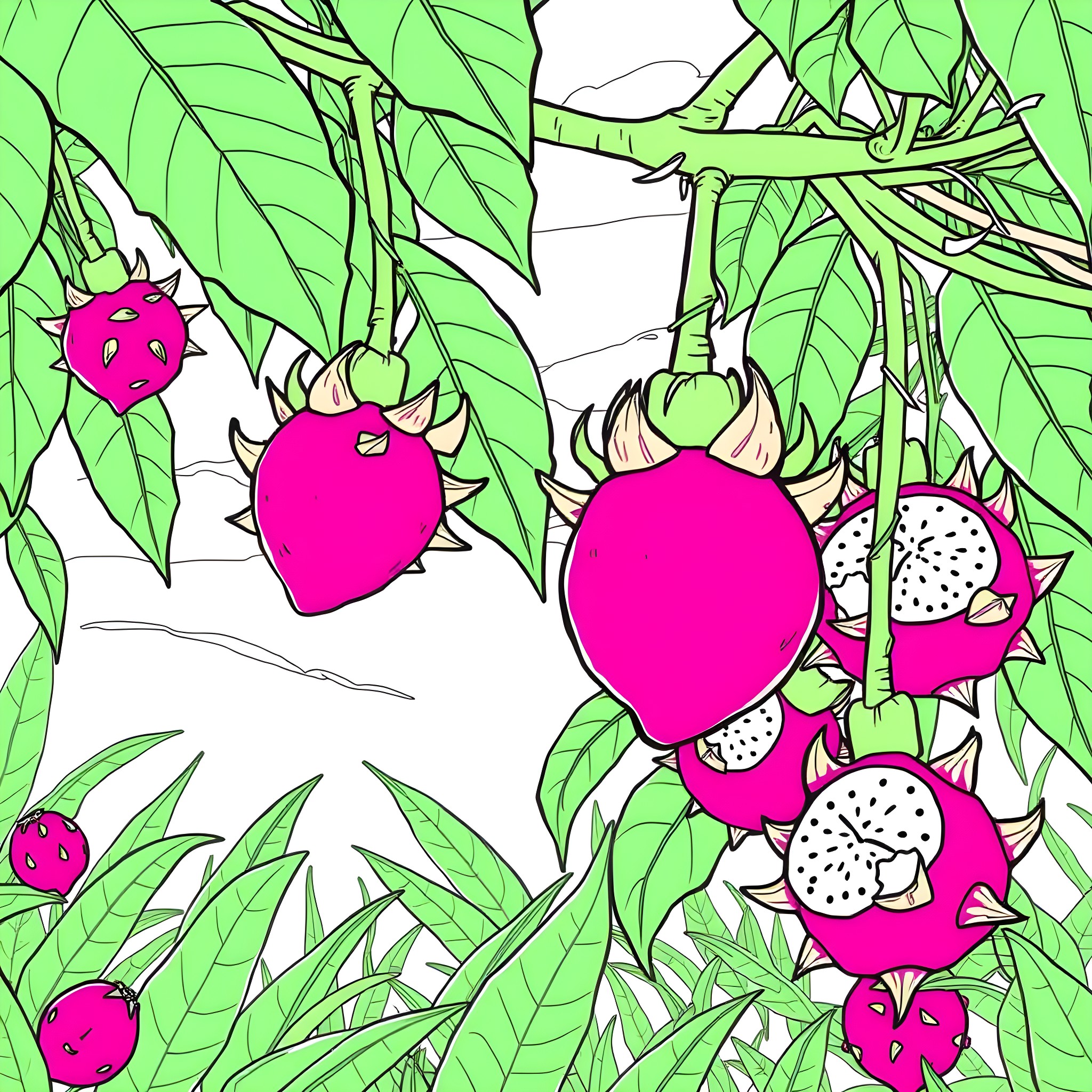 Dragonfruit growing amidst lush foliage Coloring Page (free black-and-white line drawing printable PDF for all, from beginners to advanced learners, including children, teens, adults, and seniors)