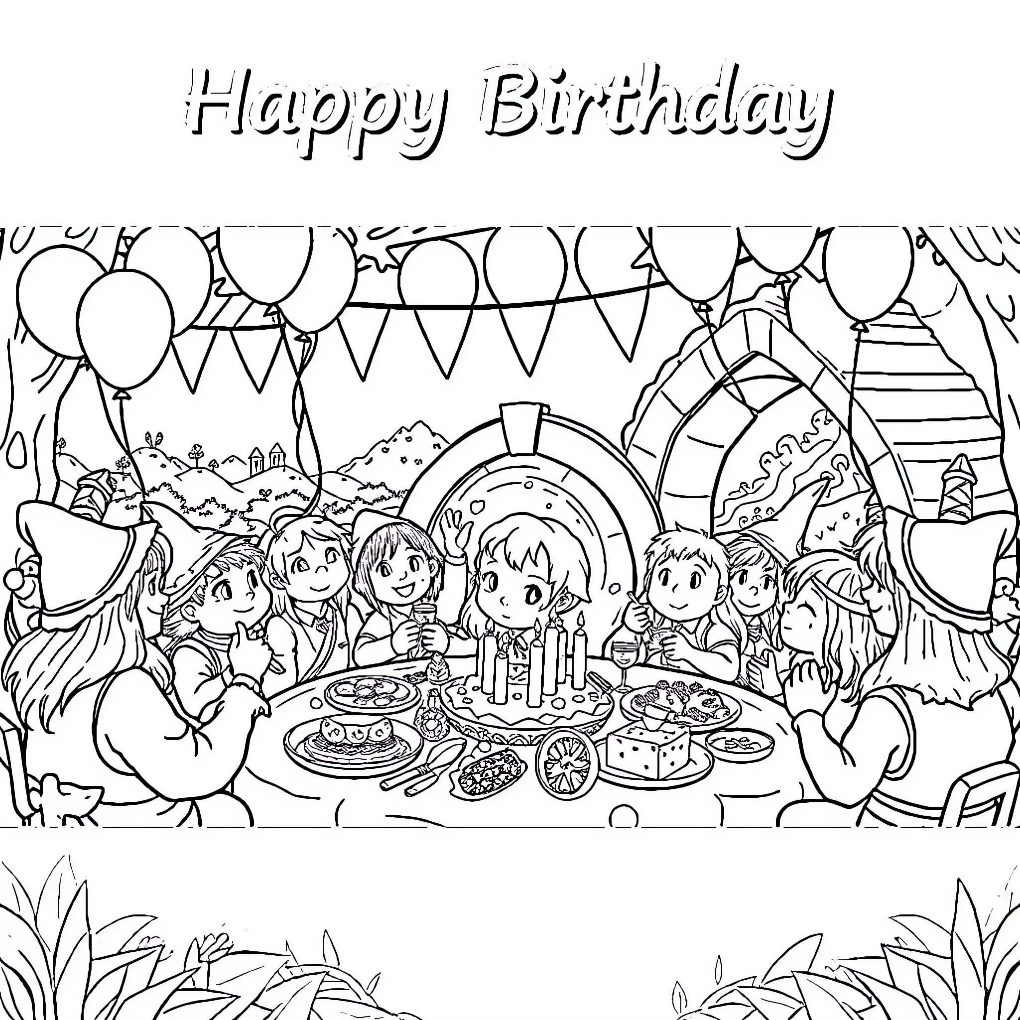 Bilbo Baggins celebrates a lively birthday party Coloring Page (free black-and-white line drawing printable PDF for all, from beginners to advanced learners, including children, teens, adults, and seniors)