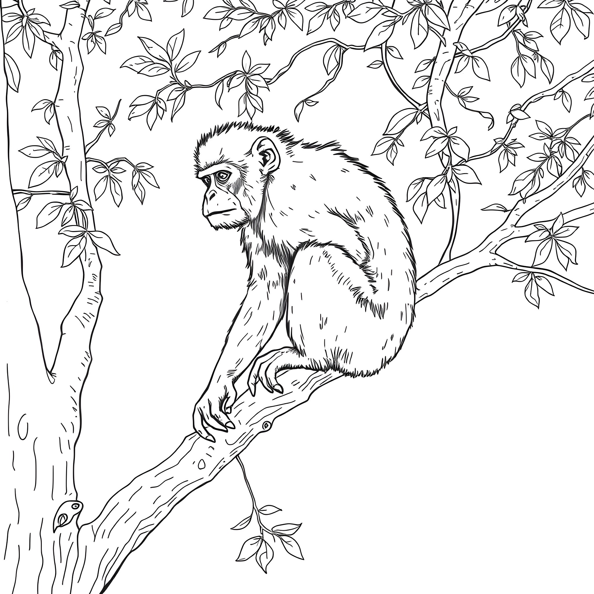 Monkey sitting on a tree branch Coloring Page (free black-and-white line drawing printable PDF for all, from beginners to advanced learners, including children, teens, adults, and seniors)