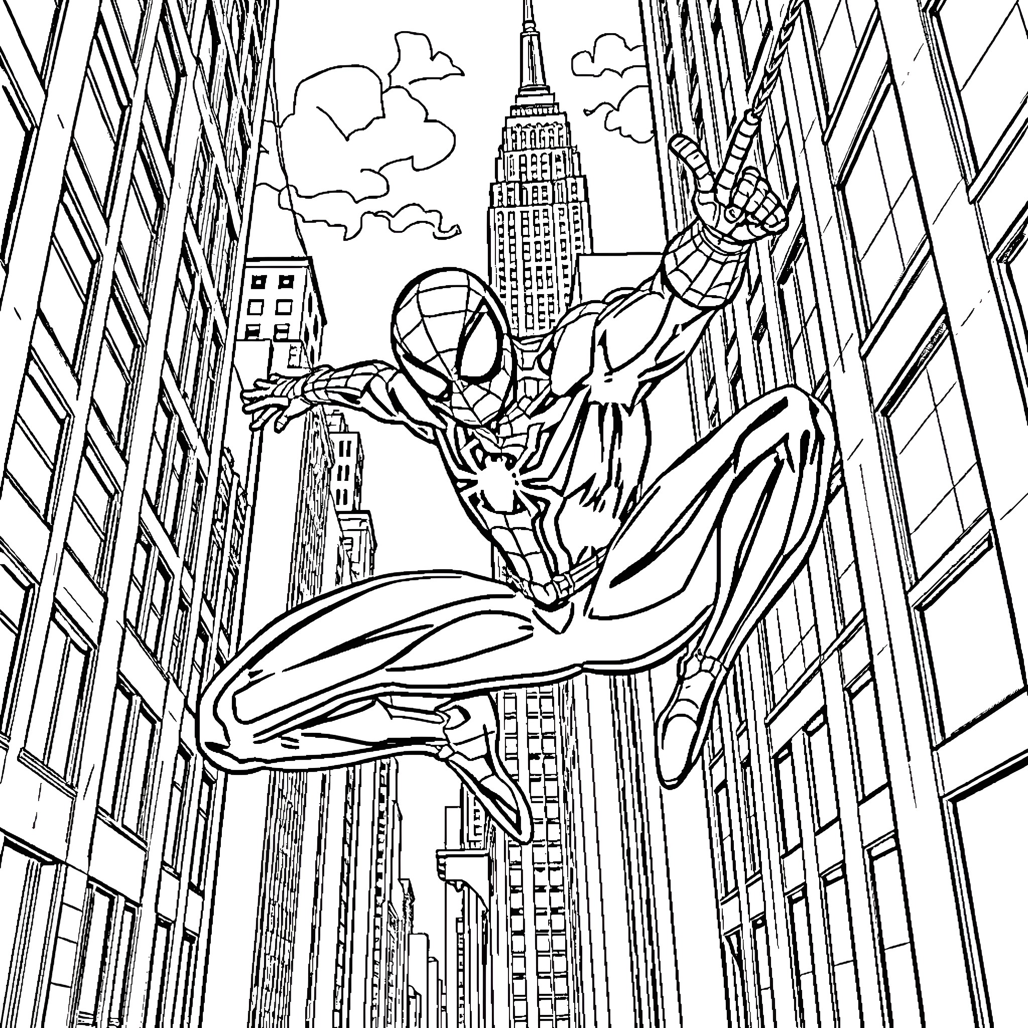 Spider-Man swinging through the city streets Coloring Page (free black-and-white line drawing printable PDF for all, from beginners to advanced learners, including children, teens, adults, and seniors)