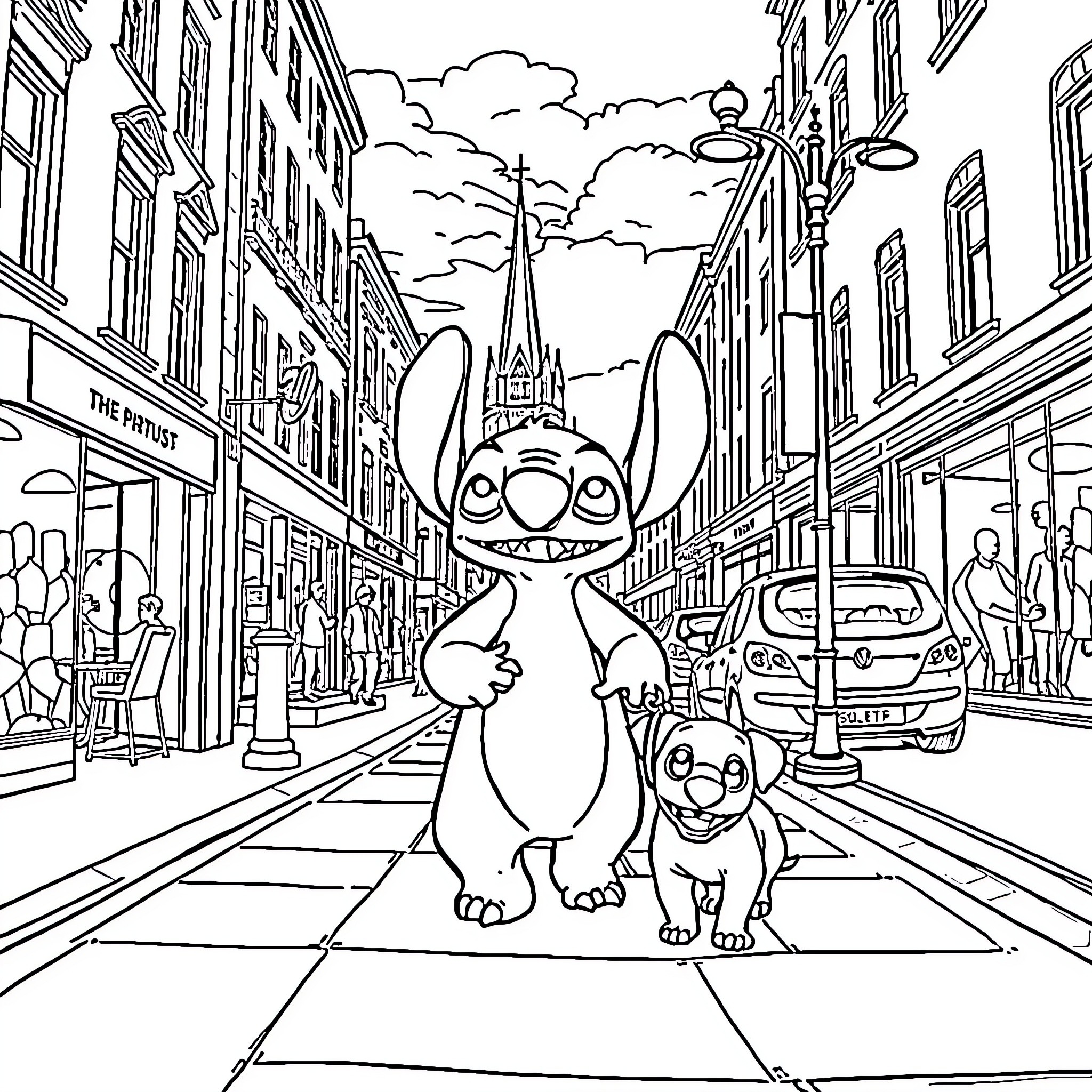 Stitch and Scrump explore the city street Coloring Page (free black-and-white line drawing printable PDF for all, from beginners to advanced learners, including children, teens, adults, and seniors)