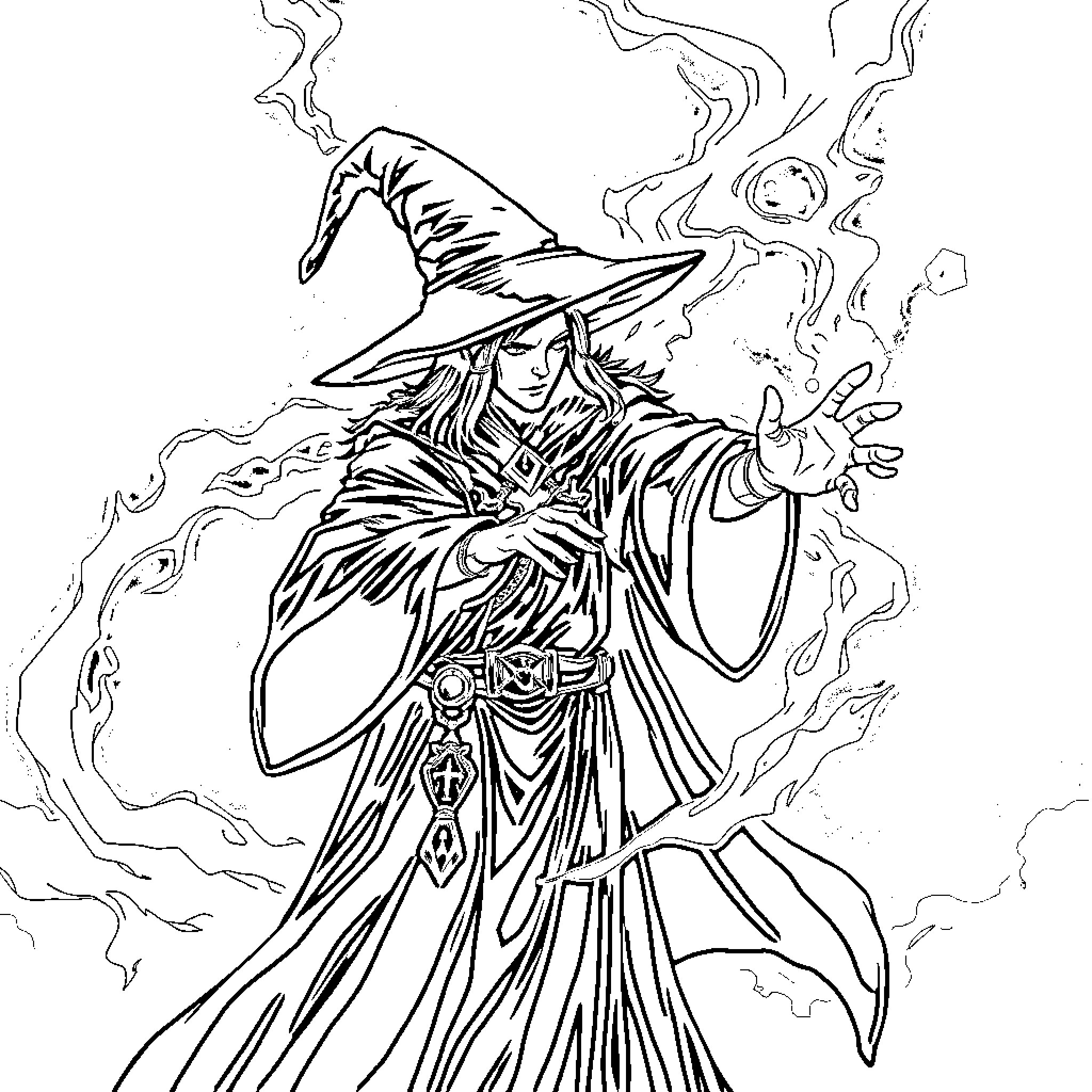 Black Mage Casting Powerful Spell in Mystic Storm Coloring Page (free black-and-white line drawing printable PDF for all, from beginners to advanced learners, including children, teens, adults, and seniors)