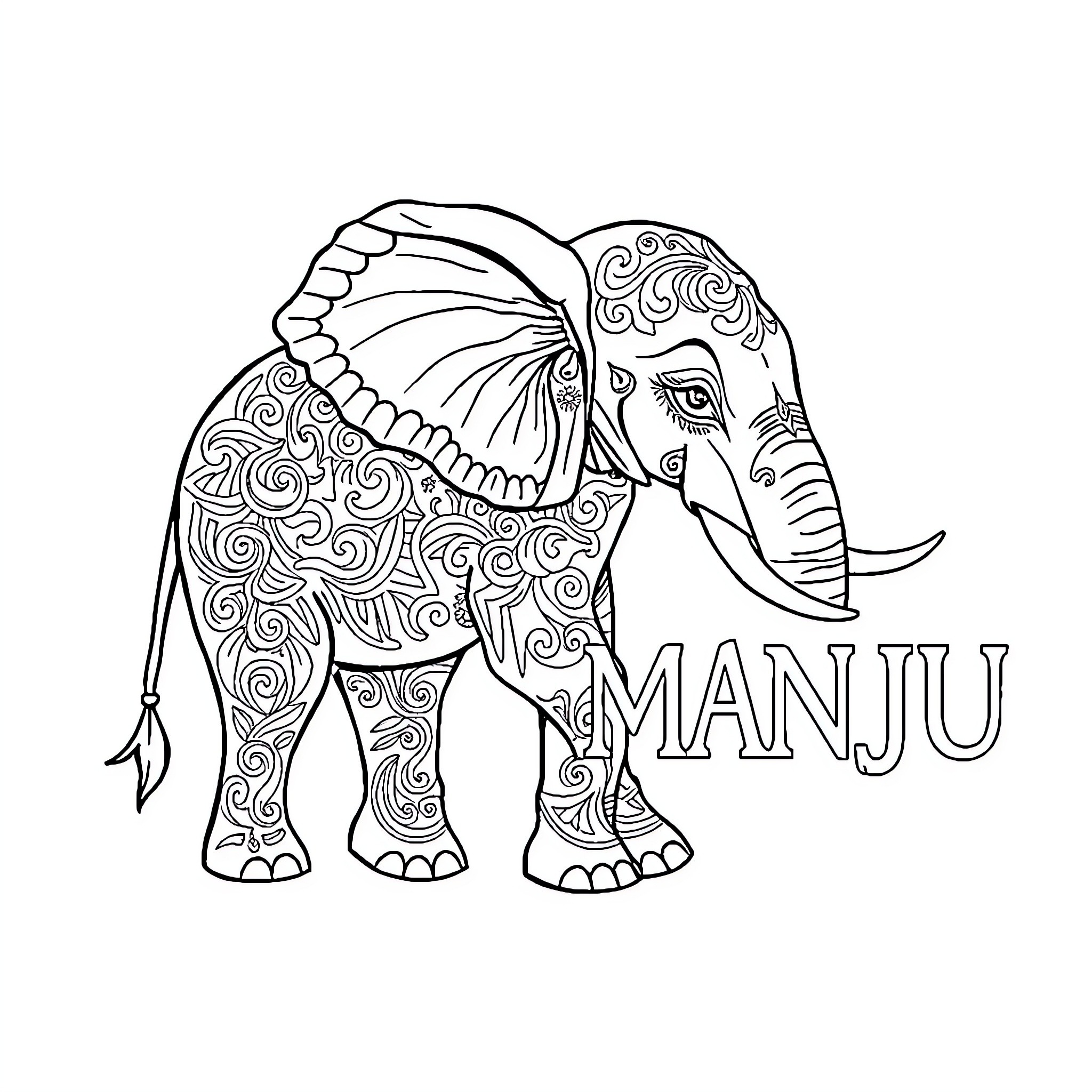 Elephant with intricate patterned design Coloring Page (free black-and-white line drawing printable PDF for all, from beginners to advanced learners, including children, teens, adults, and seniors)