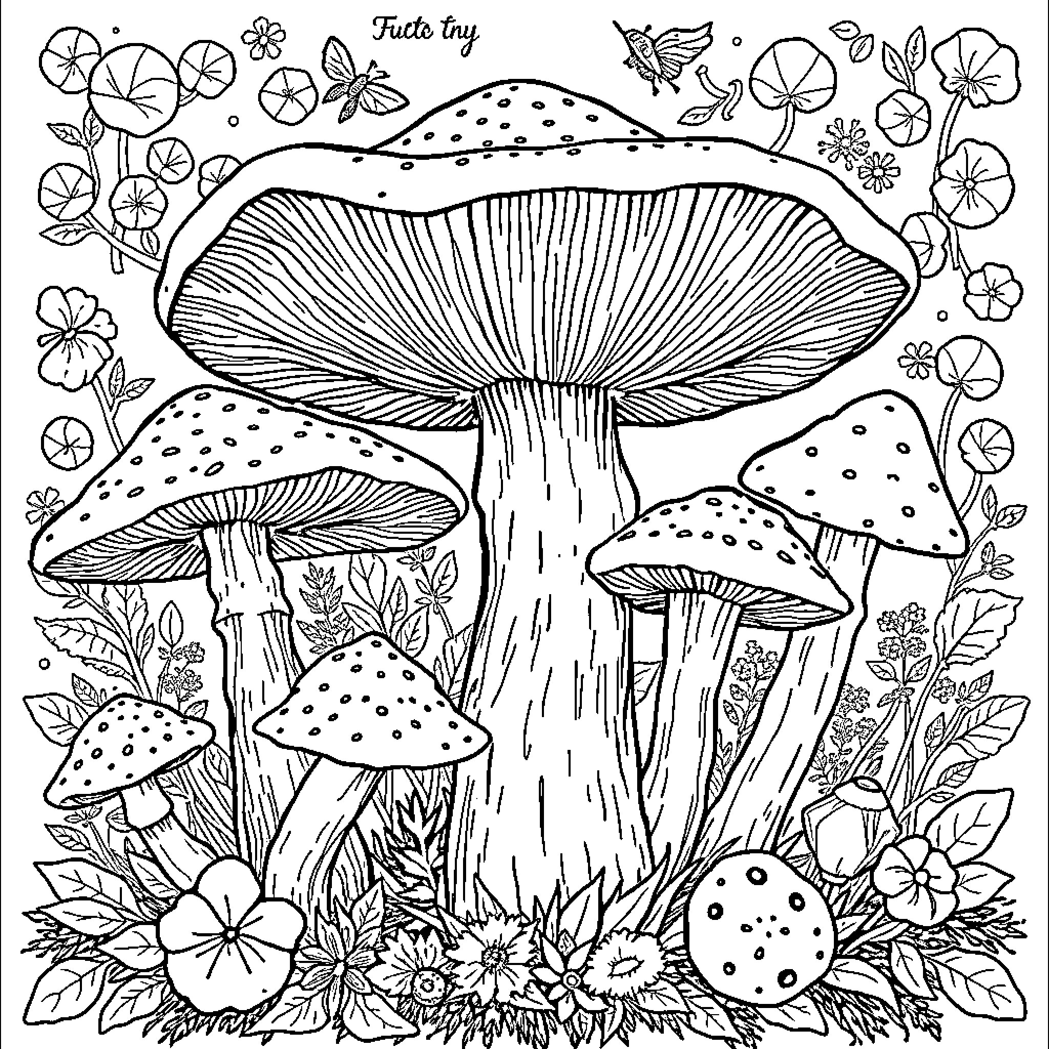 Mushroom Forest Scene with Flowers and Butterflies Coloring Page (free black-and-white line drawing printable PDF for all, from beginners to advanced learners, including children, teens, adults, and seniors)