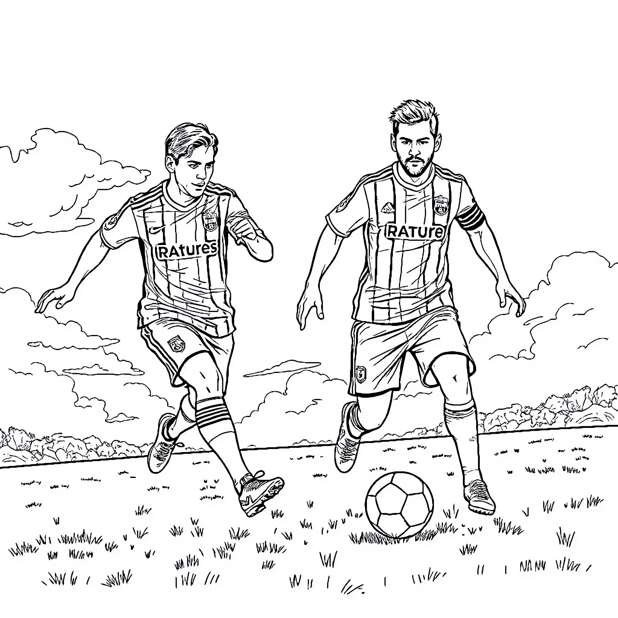 Ronaldo Players Competing in a Football Match Coloring Page (free black-and-white line drawing printable PDF for all, from beginners to advanced learners, including children, teens, adults, and seniors)