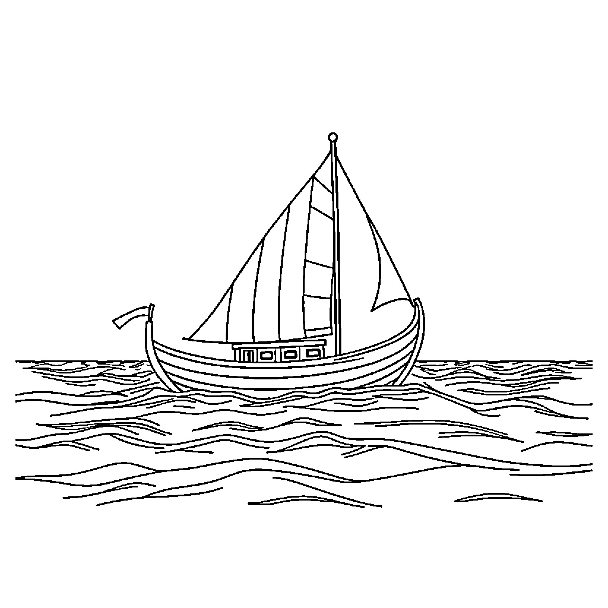 Lakatoi sailing on the open ocean Coloring Page (free black-and-white line drawing printable PDF for all, from beginners to advanced learners, including children, teens, adults, and seniors)