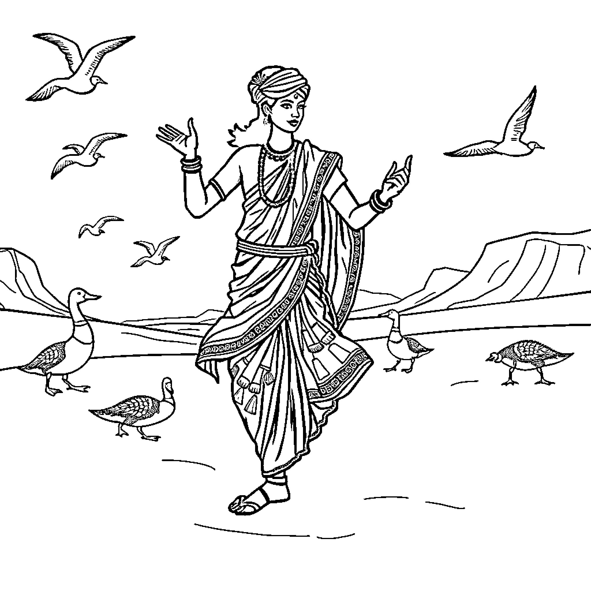 Person in traditional Indian dress enjoying nature Coloring Page (free black-and-white line drawing printable PDF for all, from beginners to advanced learners, including children, teens, adults, and seniors)