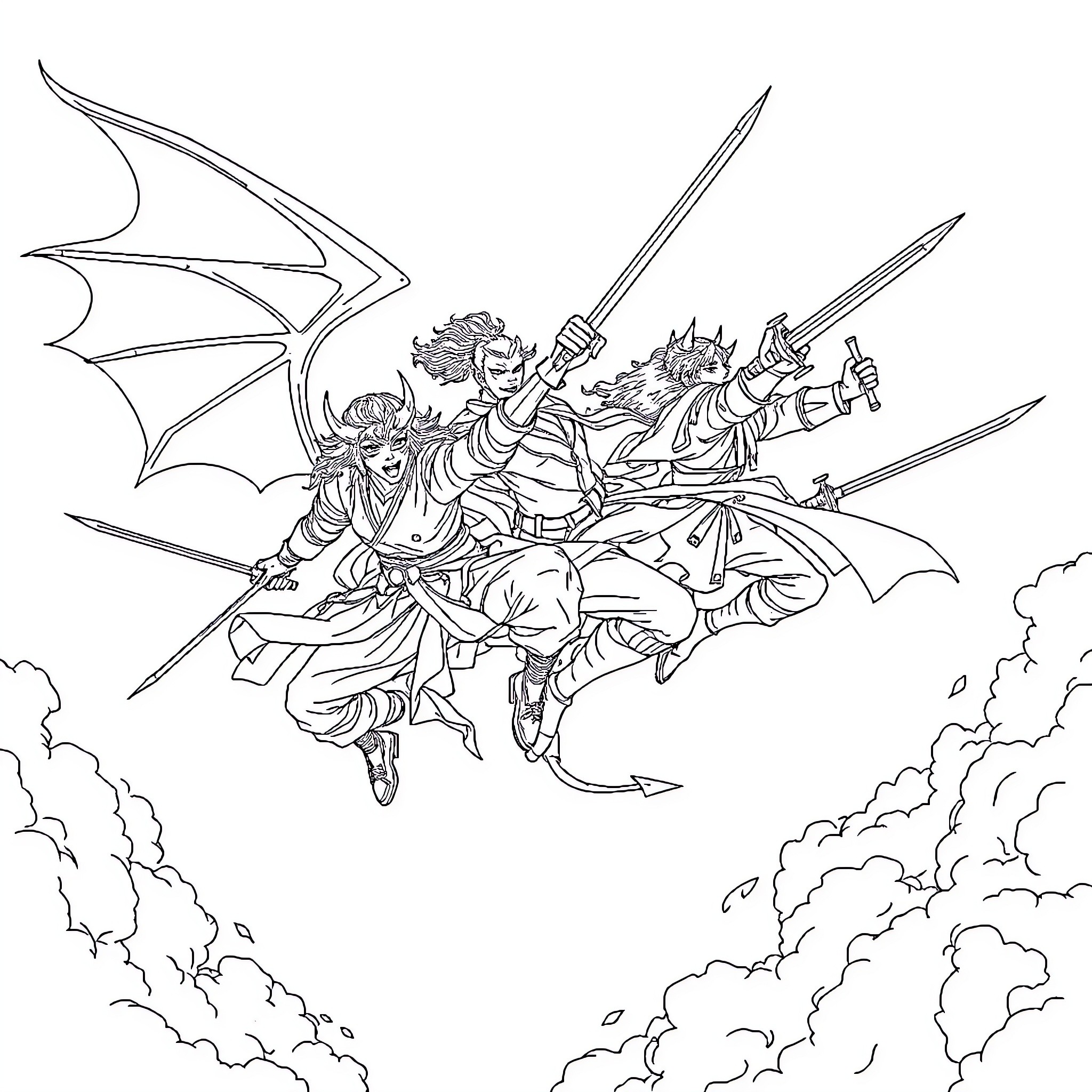 Demon Hunters battling fierce creatures in the sky Coloring Page (free black-and-white line drawing printable PDF for all, from beginners to advanced learners, including children, teens, adults, and seniors)