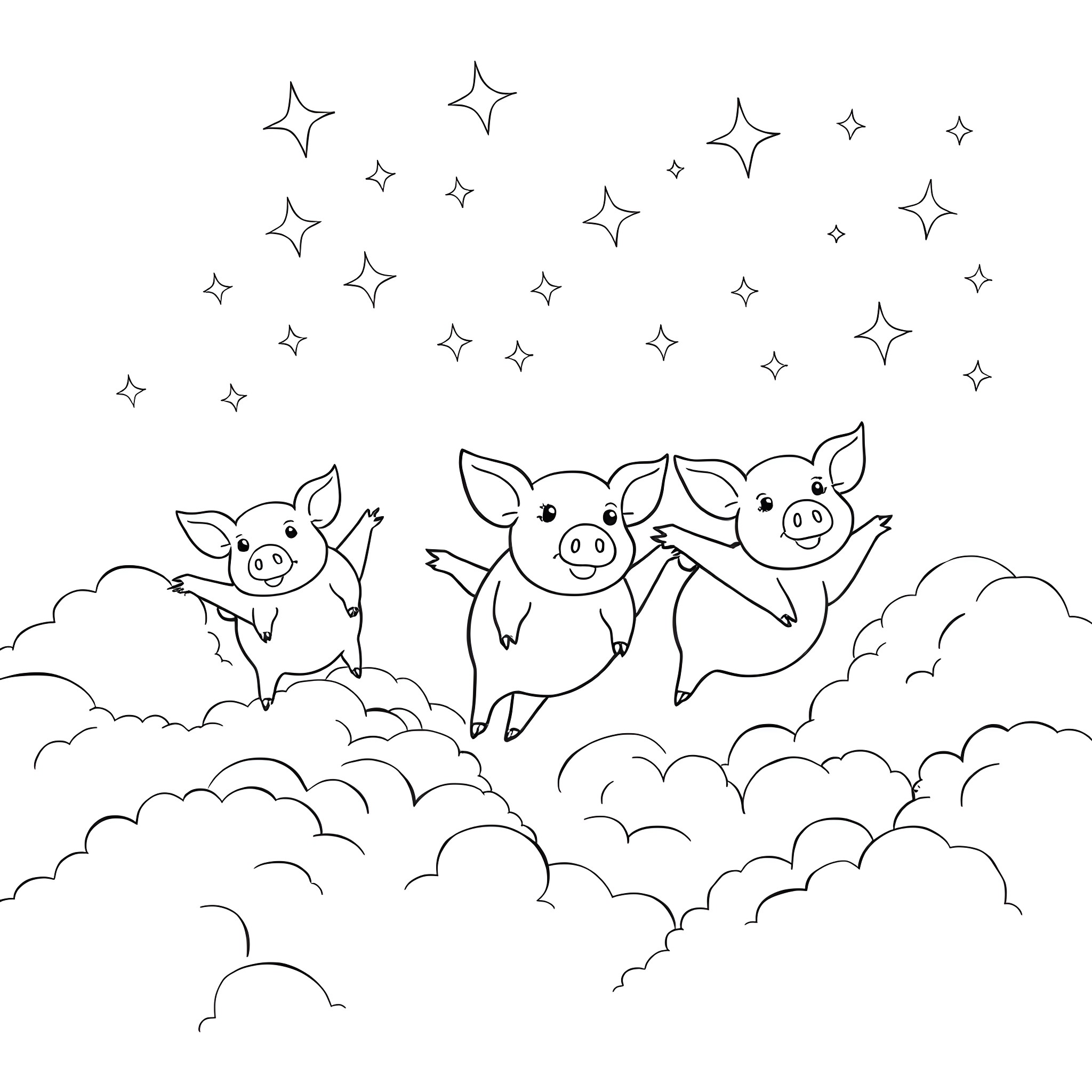 Flying Pigs Soaring Through the Starry Sky Coloring Page (free black-and-white line drawing printable PDF for all, from beginners to advanced learners, including children, teens, adults, and seniors)