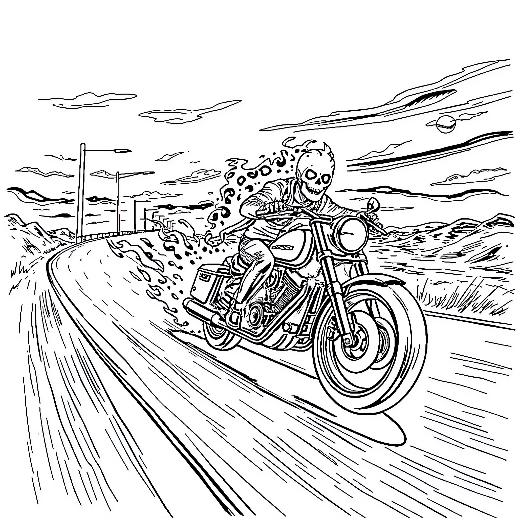 Ghost Rider speeding on a motorcycle through a rugged landscape Coloring Page (free black-and-white line drawing printable PDF for all, from beginners to advanced learners, including children, teens, adults, and seniors)