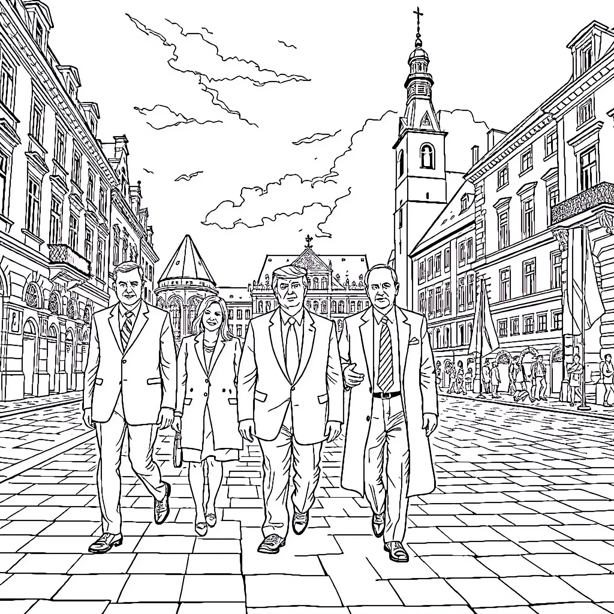 Trump and Aides Walking Down City Street Coloring Page (free black-and-white line drawing printable PDF for all, from beginners to advanced learners, including children, teens, adults, and seniors)