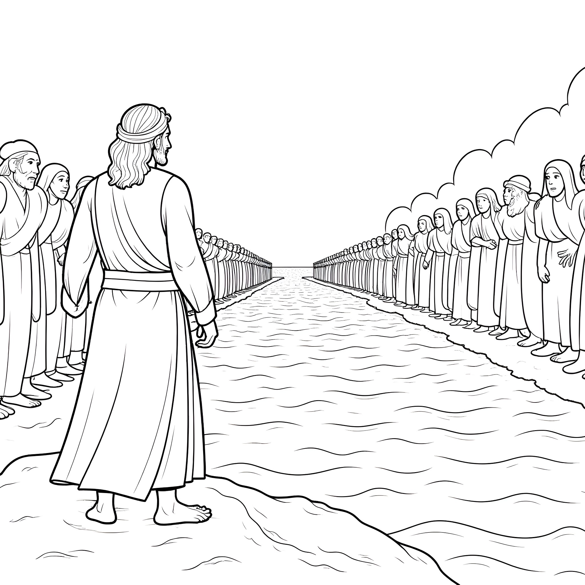 Moses Leading the Israelites Through the Parted Sea Coloring Page (free black-and-white line drawing printable PDF for all, from beginners to advanced learners, including children, teens, adults, and seniors)