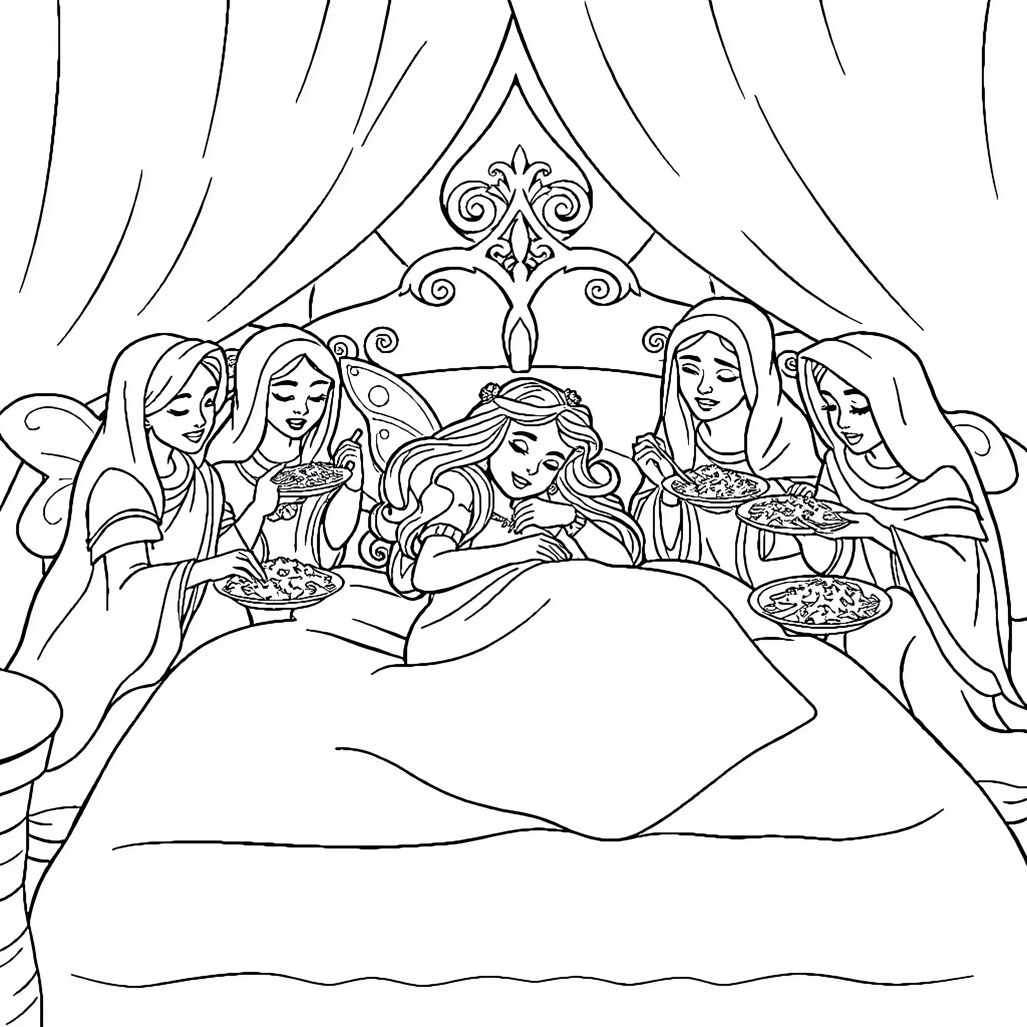 Sleeping Beauty and her Companions Coloring Page (free black-and-white line drawing printable PDF for all, from beginners to advanced learners, including children, teens, adults, and seniors)
