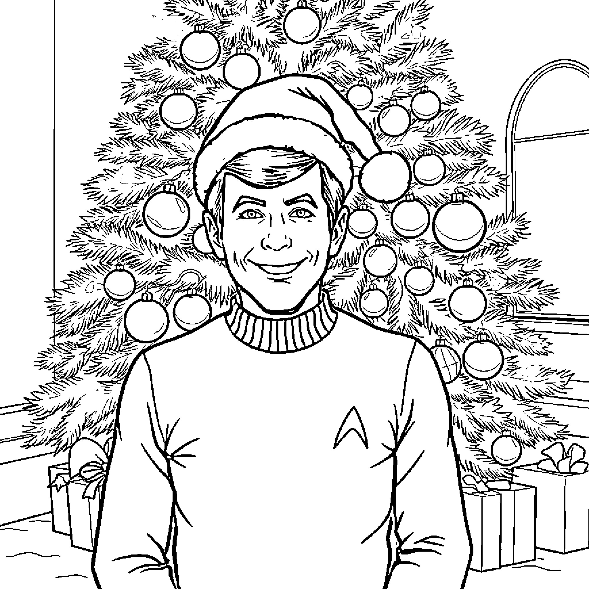 Charlie Kirk posing with a Christmas tree Coloring Page (free black-and-white line drawing printable PDF for all, from beginners to advanced learners, including children, teens, adults, and seniors)