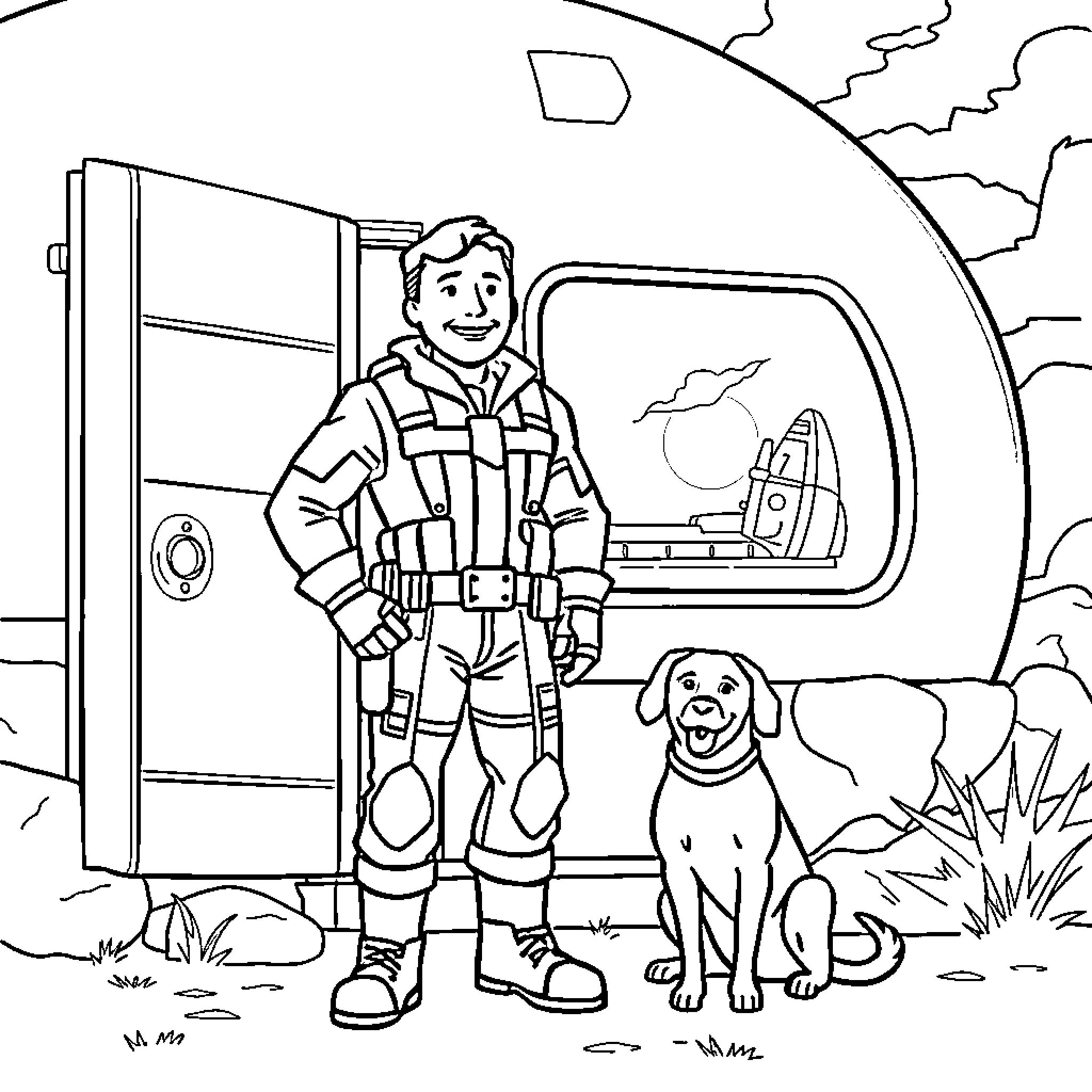 Vault Dweller exploring the wasteland with his loyal companion Coloring Page (free black-and-white line drawing printable PDF for all, from beginners to advanced learners, including children, teens, adults, and seniors)