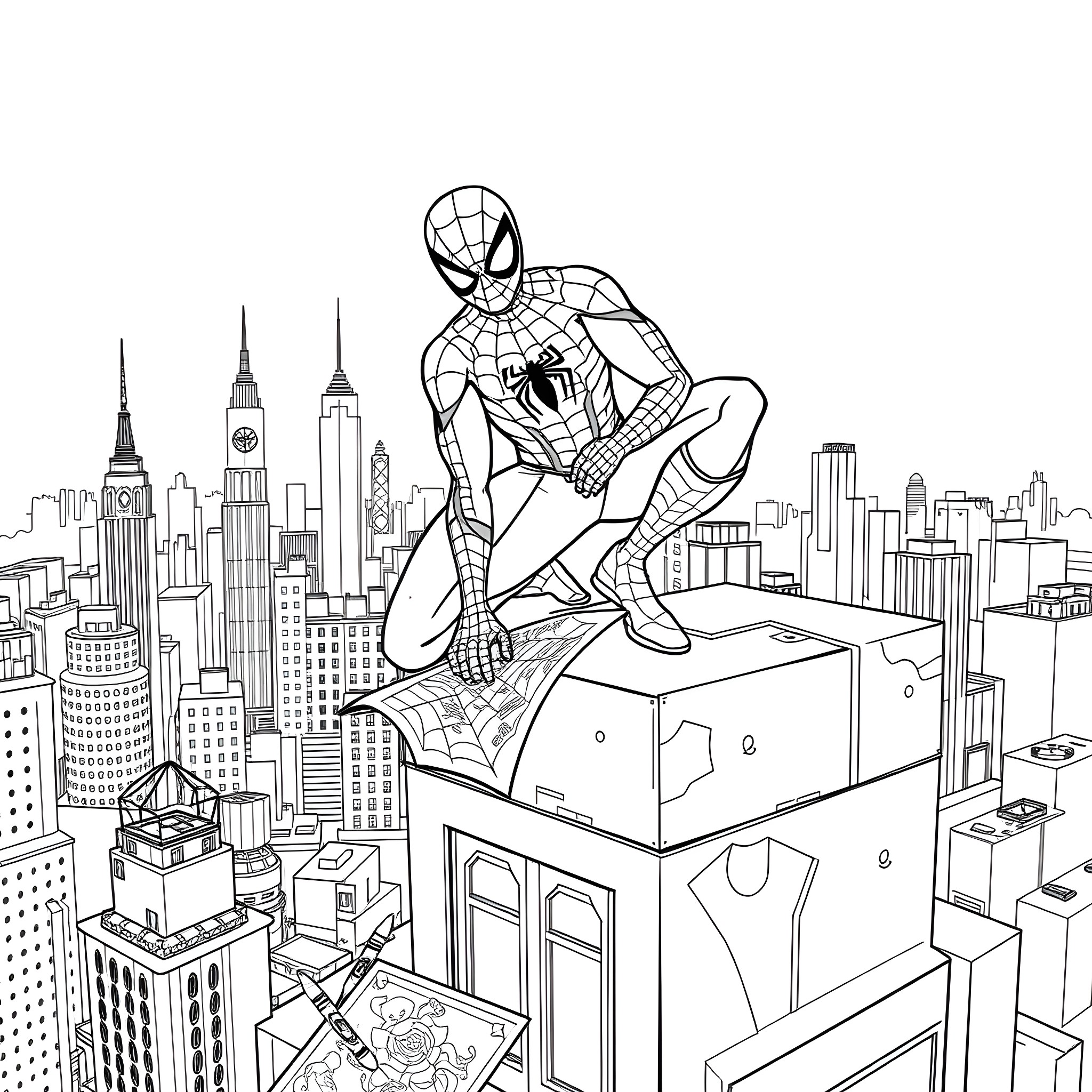 Spidey swinging high above the city skyline Coloring Page (free black-and-white line drawing printable PDF for all, from beginners to advanced learners, including children, teens, adults, and seniors)