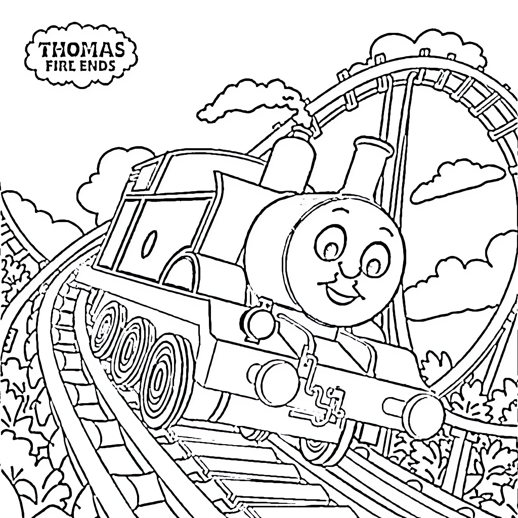Thomas's Train Adventure in the Countryside Coloring Page (free black-and-white line drawing printable PDF for all, from beginners to advanced learners, including children, teens, adults, and seniors)