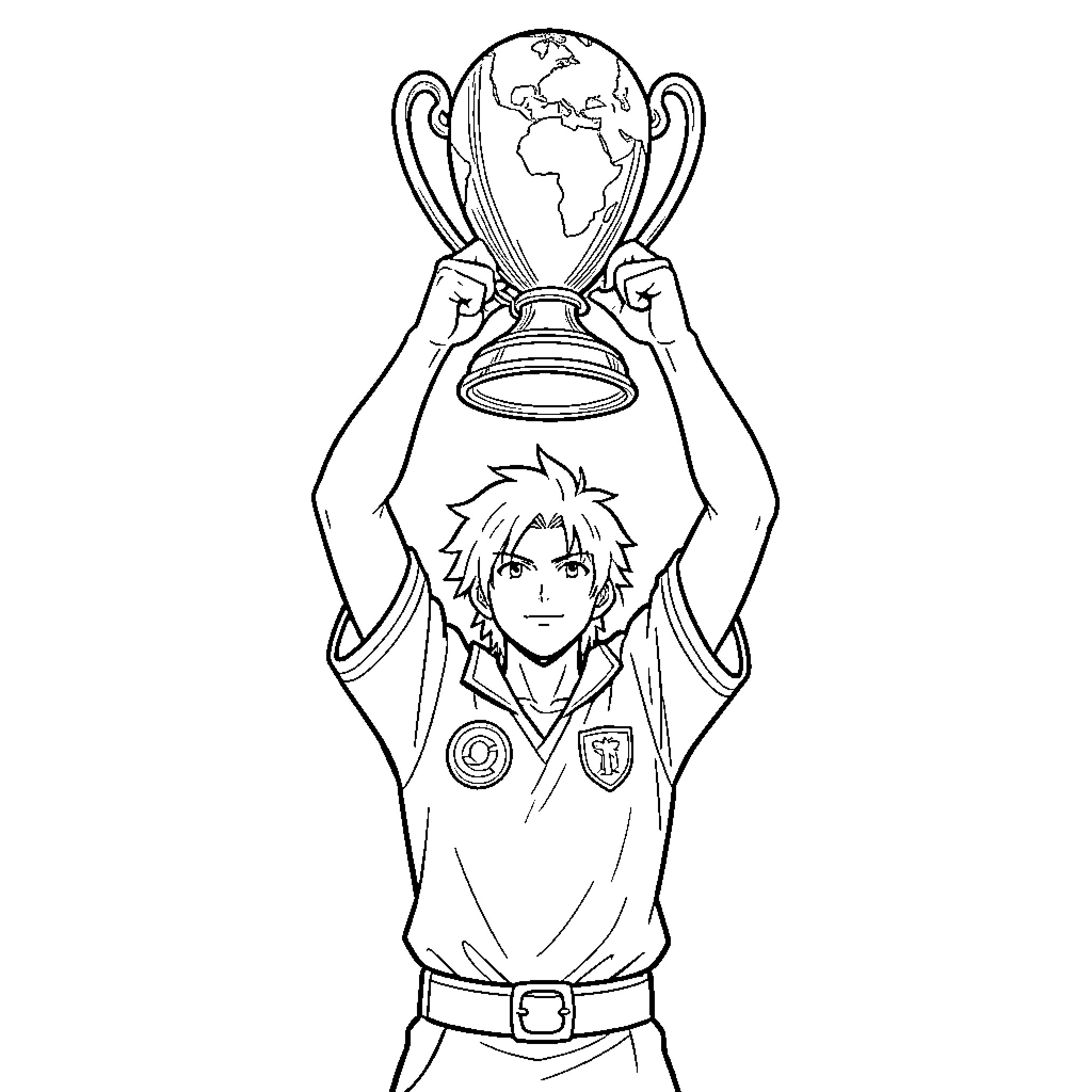 Zidane holding a large trophy above his head Coloring Page (free black-and-white line drawing printable PDF for all, from beginners to advanced learners, including children, teens, adults, and seniors)