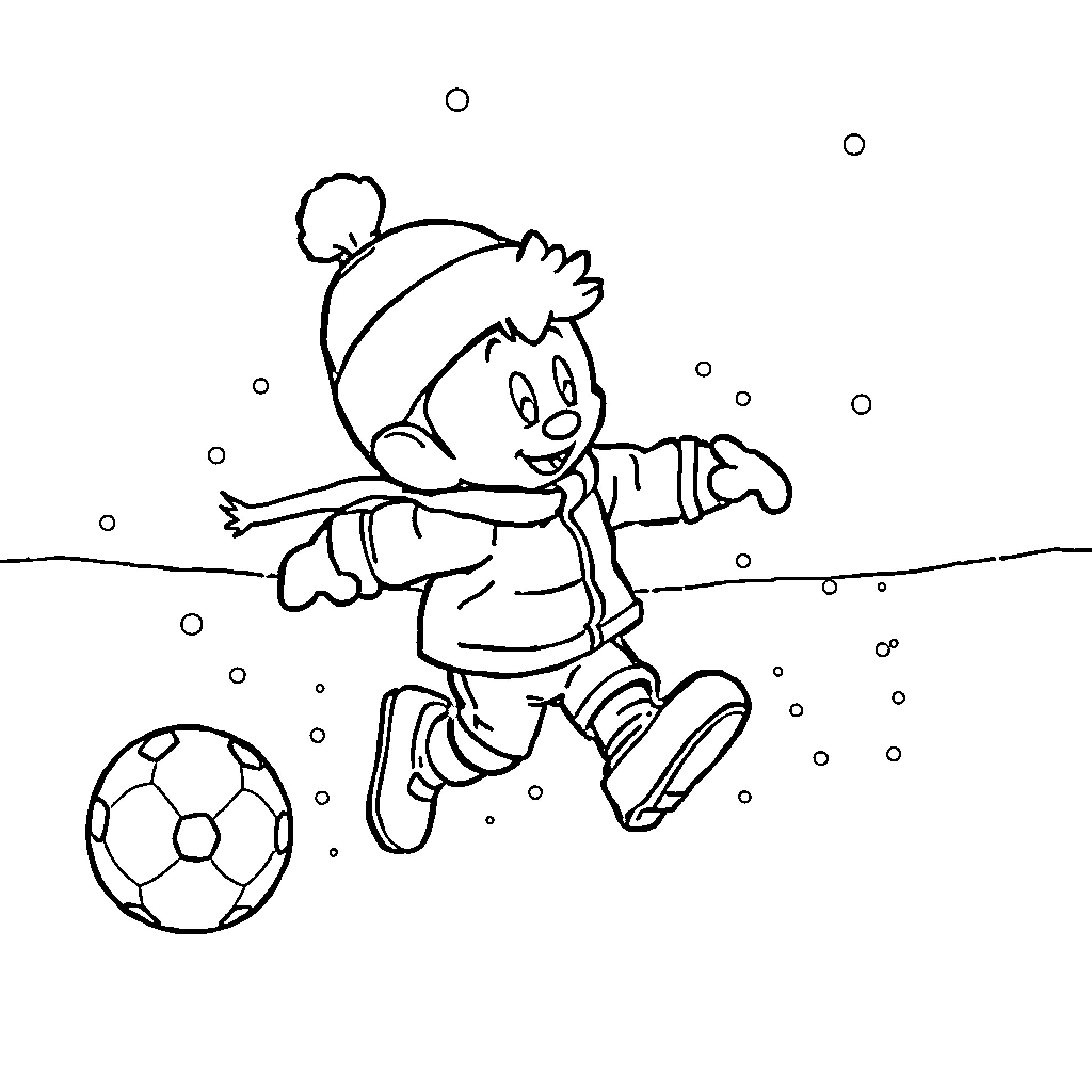 Minnie playing happily with a soccer ball in the snow Coloring Page (free black-and-white line drawing printable PDF for all, from beginners to advanced learners, including children, teens, adults, and seniors)