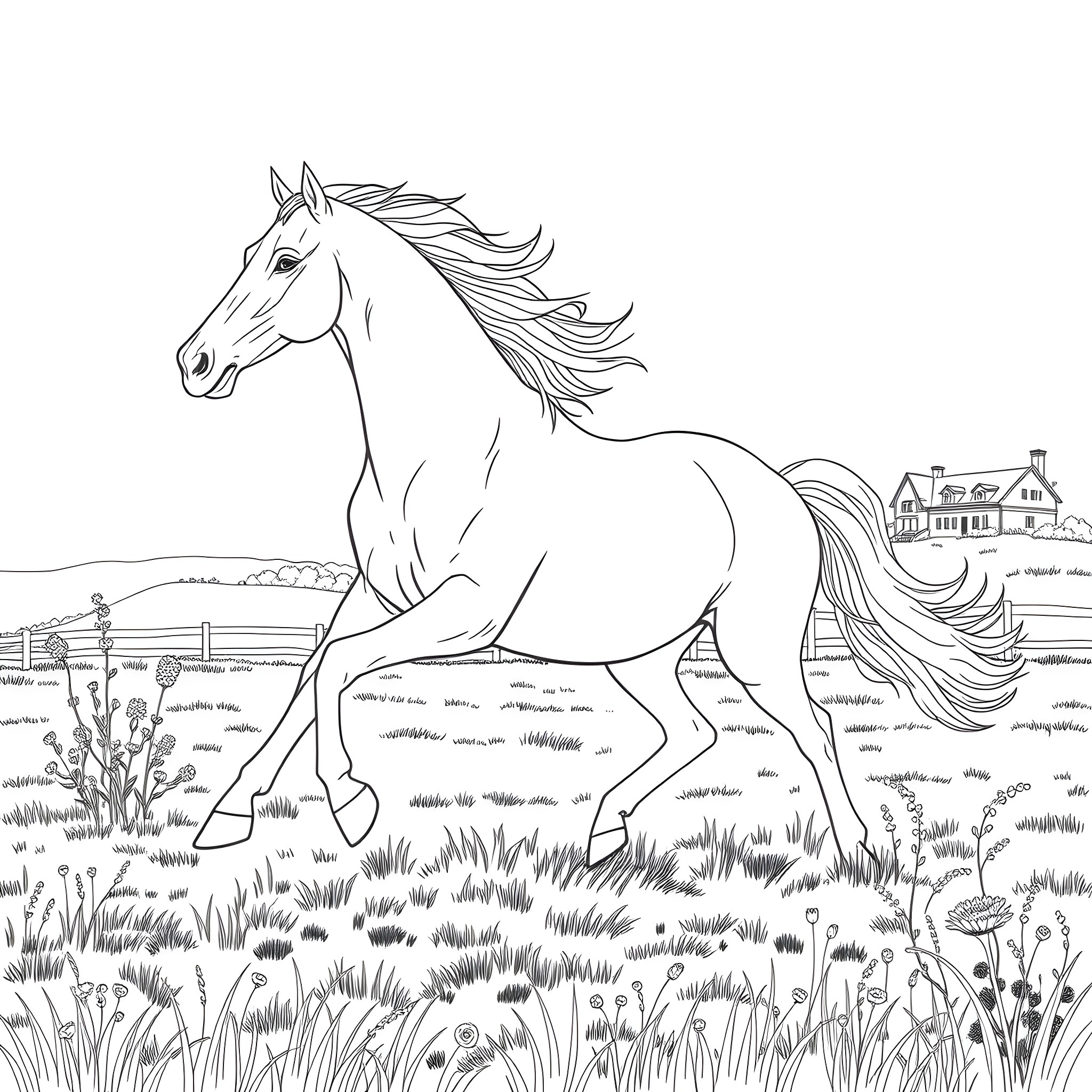 Thoroughbred horse galloping through a lush meadow Coloring Page (free black-and-white line drawing printable PDF for all, from beginners to advanced learners, including children, teens, adults, and seniors)