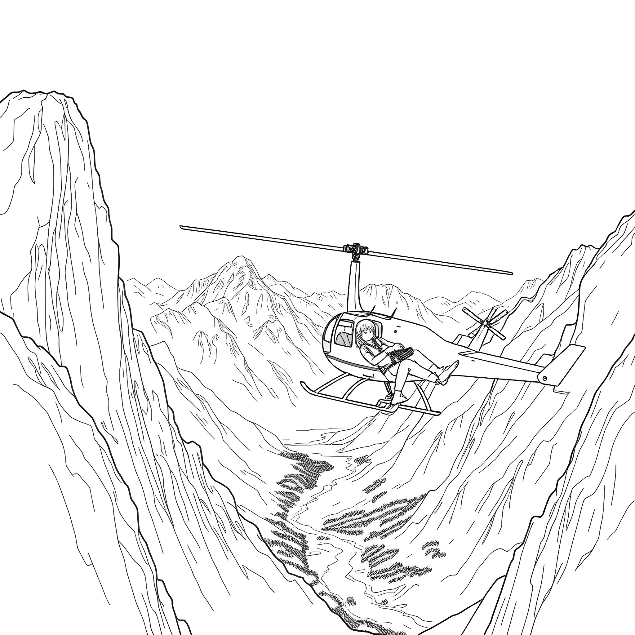 Woman riding a helicopter over snowy mountains Coloring Page (free black-and-white line drawing printable PDF for all, from beginners to advanced learners, including children, teens, adults, and seniors)