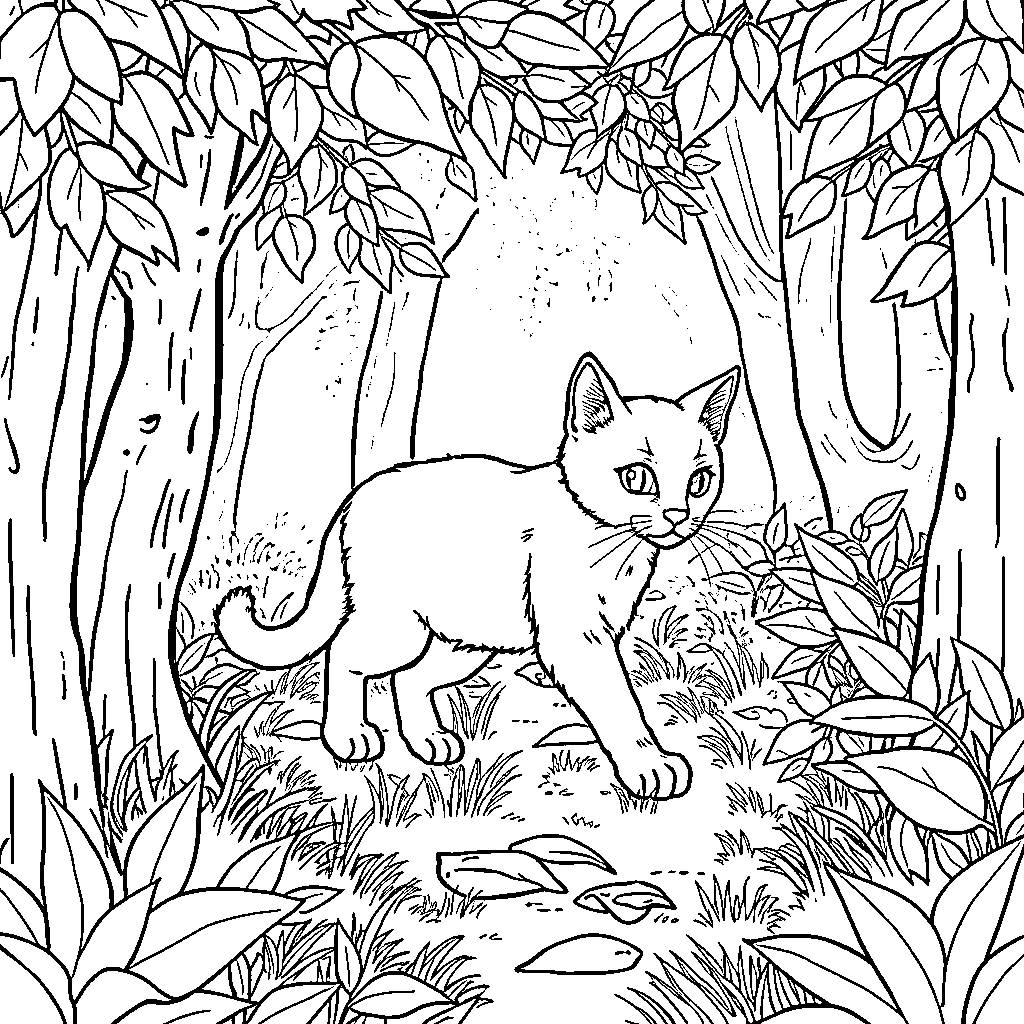 Cat exploring the forest Coloring Page (free black-and-white line drawing printable PDF for all, from beginners to advanced learners, including children, teens, adults, and seniors)