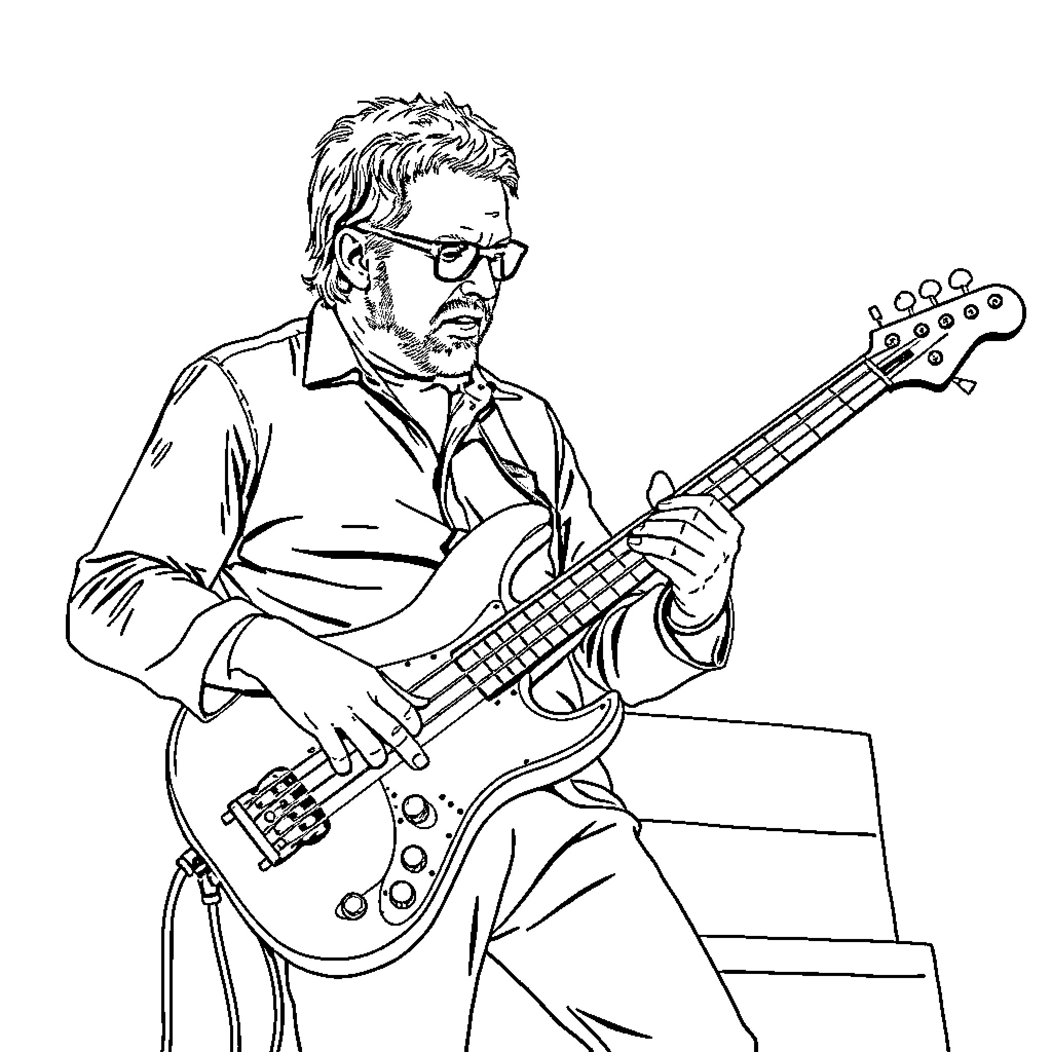 Les Claypool performing on stage with bass guitar Coloring Page (free black-and-white line drawing printable PDF for all, from beginners to advanced learners, including children, teens, adults, and seniors)