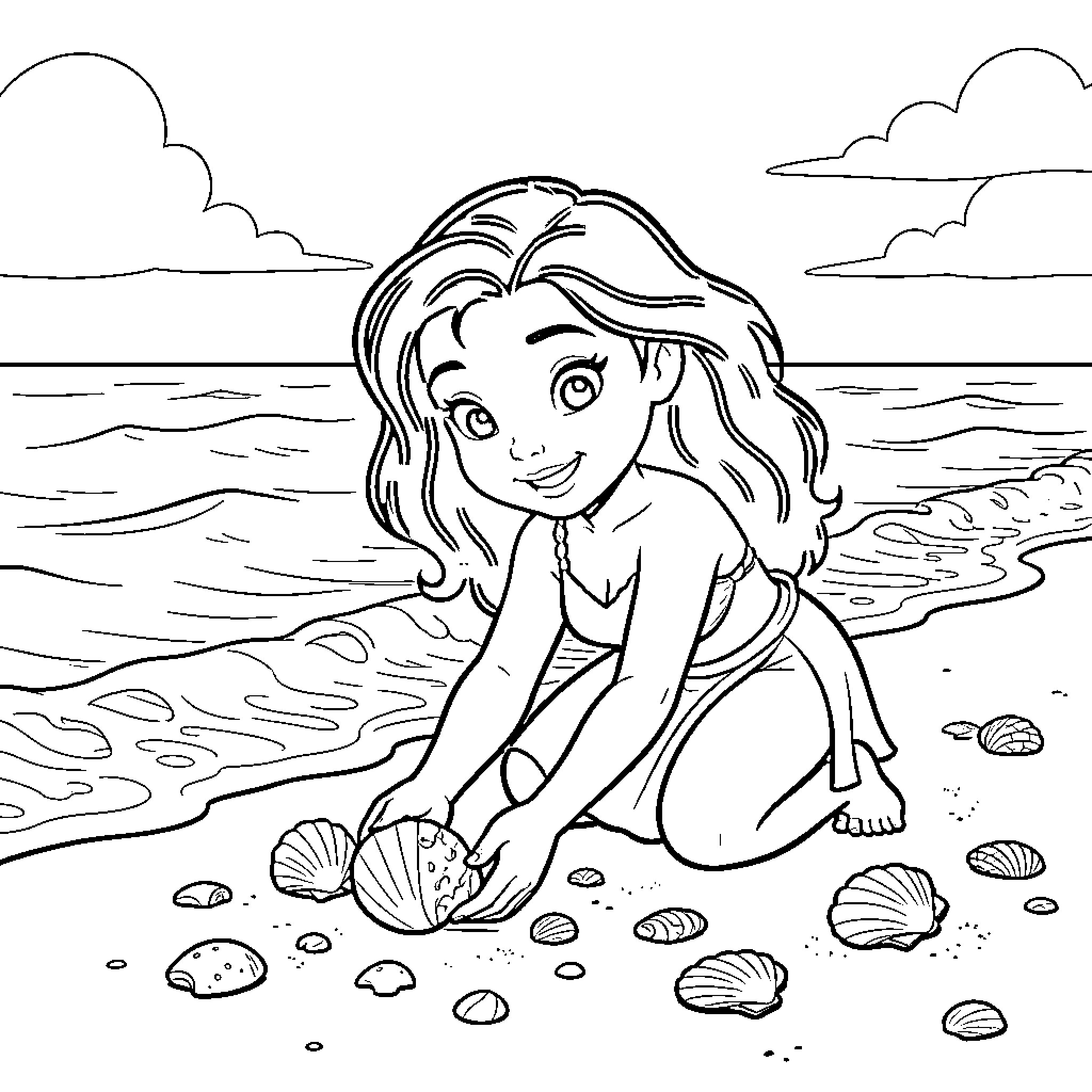 Bébé Vaiana collecting seashells on the beach Coloring Page (free black-and-white line drawing printable PDF for all, from beginners to advanced learners, including children, teens, adults, and seniors)