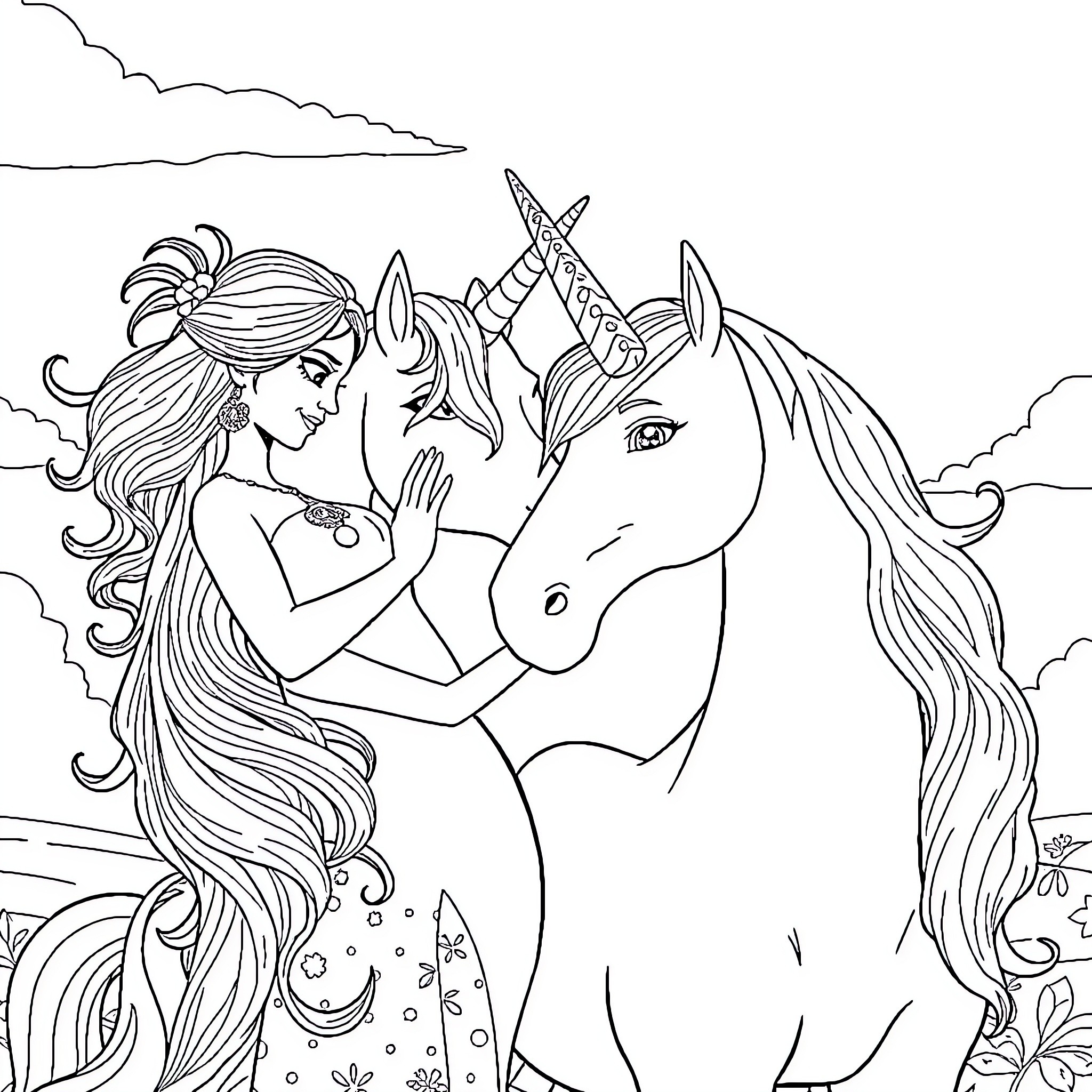 Moana embracing a magical unicorn in a fantastical landscape Coloring Page (free black-and-white line drawing printable PDF for all, from beginners to advanced learners, including children, teens, adults, and seniors)