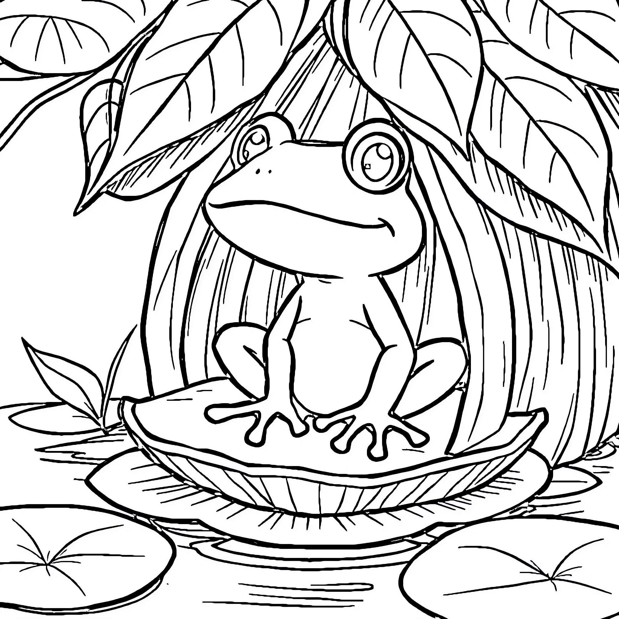 Frog sitting on a leaf in a lush jungle Coloring Page (free black-and-white line drawing printable PDF for all, from beginners to advanced learners, including children, teens, adults, and seniors)