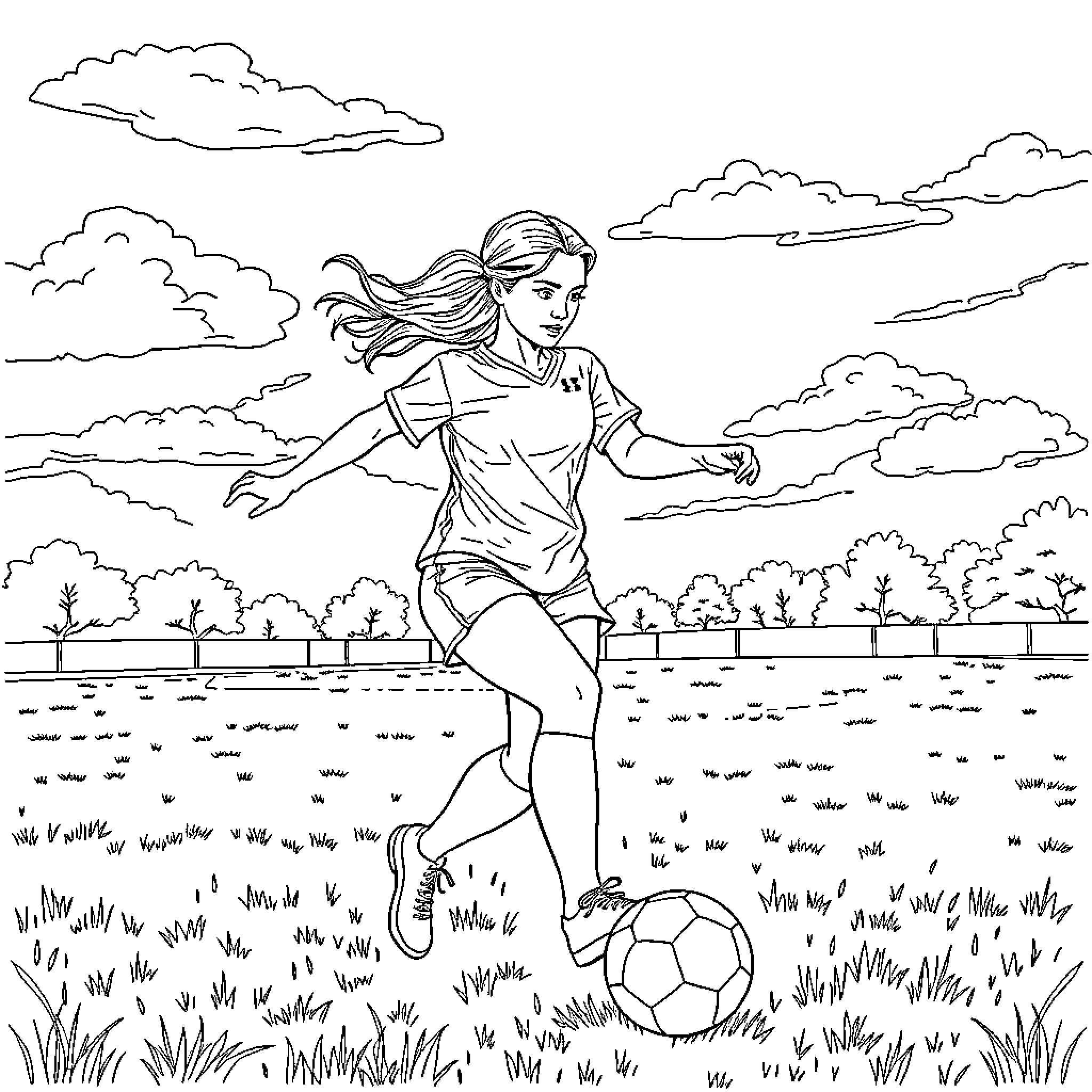 Ukrainian Woman Playing Soccer in the Field Coloring Page (free black-and-white line drawing printable PDF for all, from beginners to advanced learners, including children, teens, adults, and seniors)