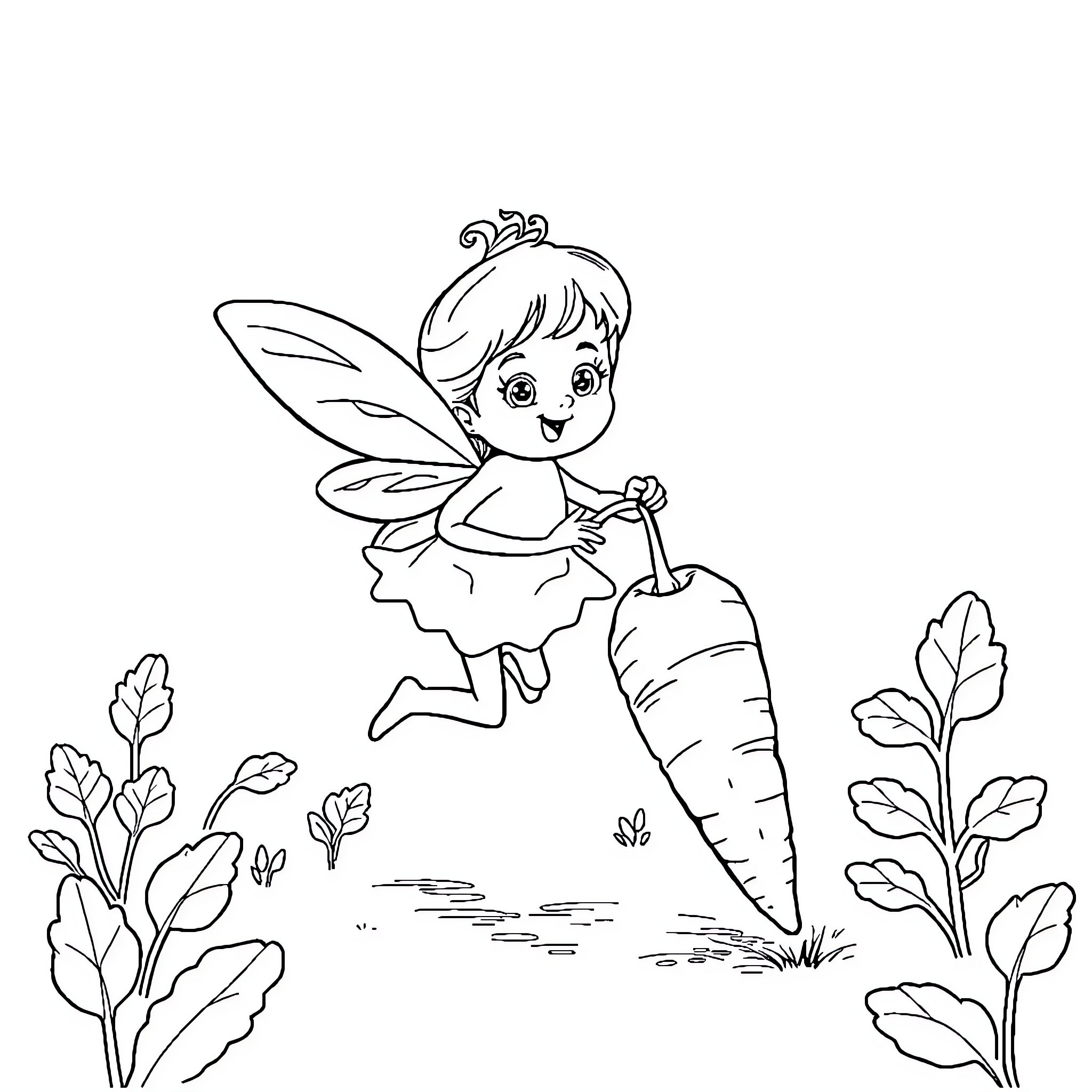 Potato fairy carrying a carrot in a garden Coloring Page (free black-and-white line drawing printable PDF for all, from beginners to advanced learners, including children, teens, adults, and seniors)