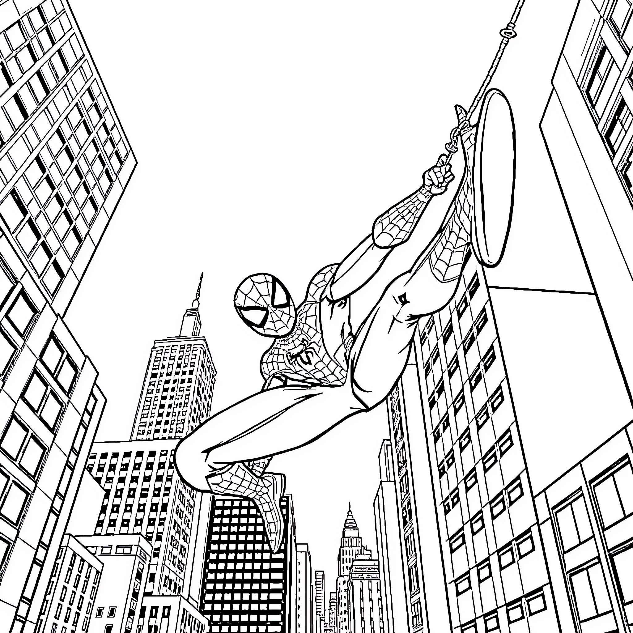 Spiderman swinging through the city skyline Coloring Page (free black-and-white line drawing printable PDF for all, from beginners to advanced learners, including children, teens, adults, and seniors)