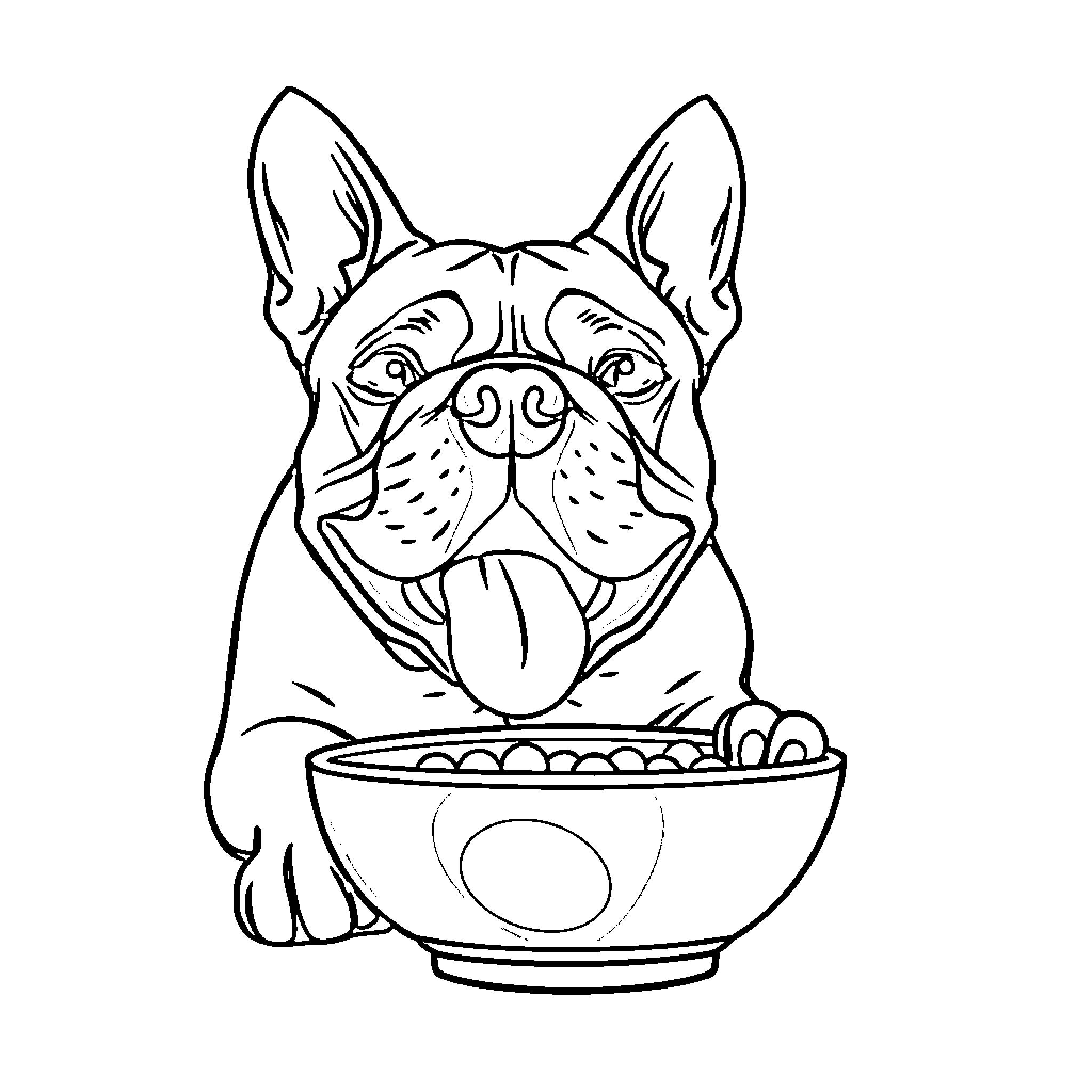 Bulldog Eagerly Enjoying a Tasty Meal Coloring Page (free black-and-white line drawing printable PDF for all, from beginners to advanced learners, including children, teens, adults, and seniors)