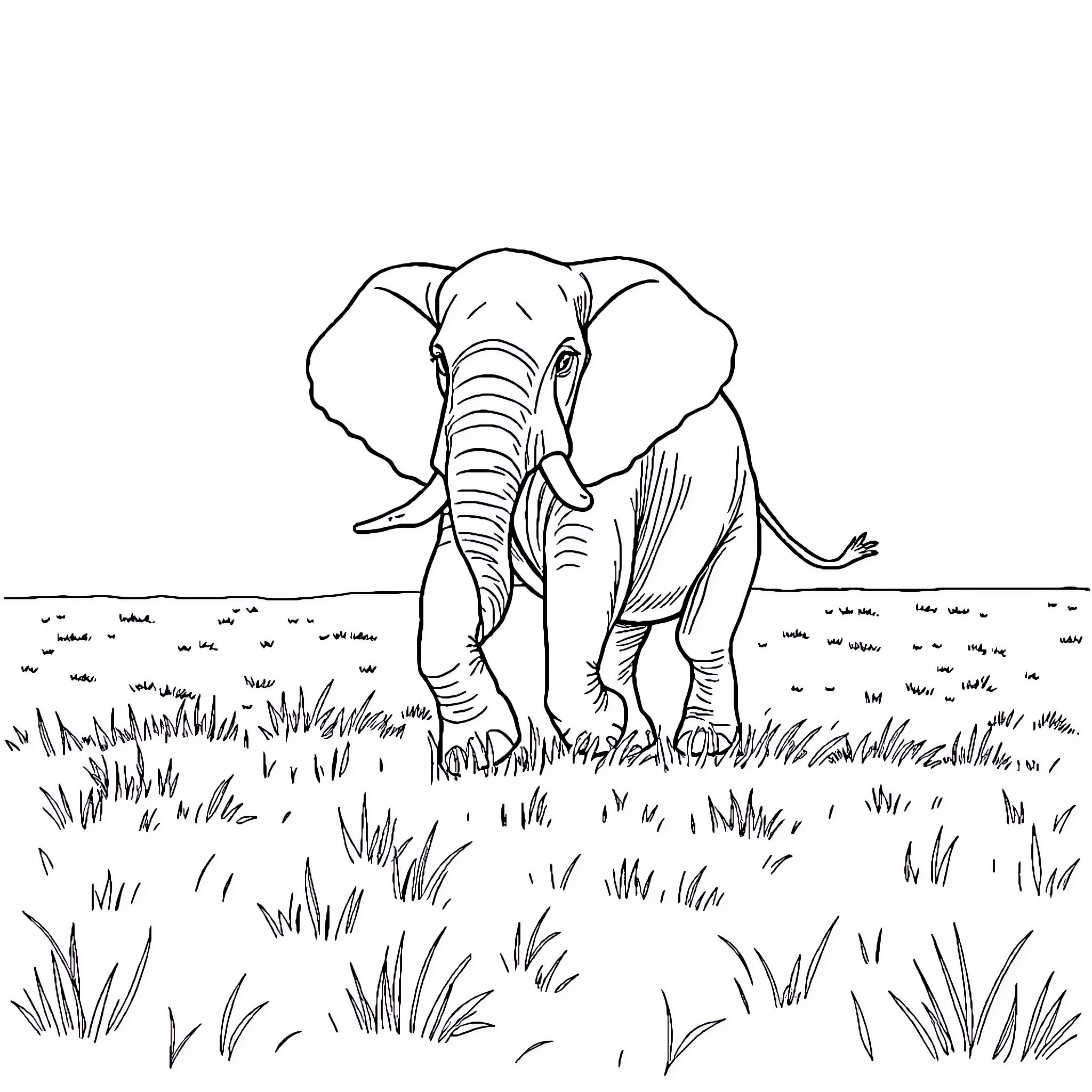 Elephant exploring the grassy field Coloring Page (free black-and-white line drawing printable PDF for all, from beginners to advanced learners, including children, teens, adults, and seniors)