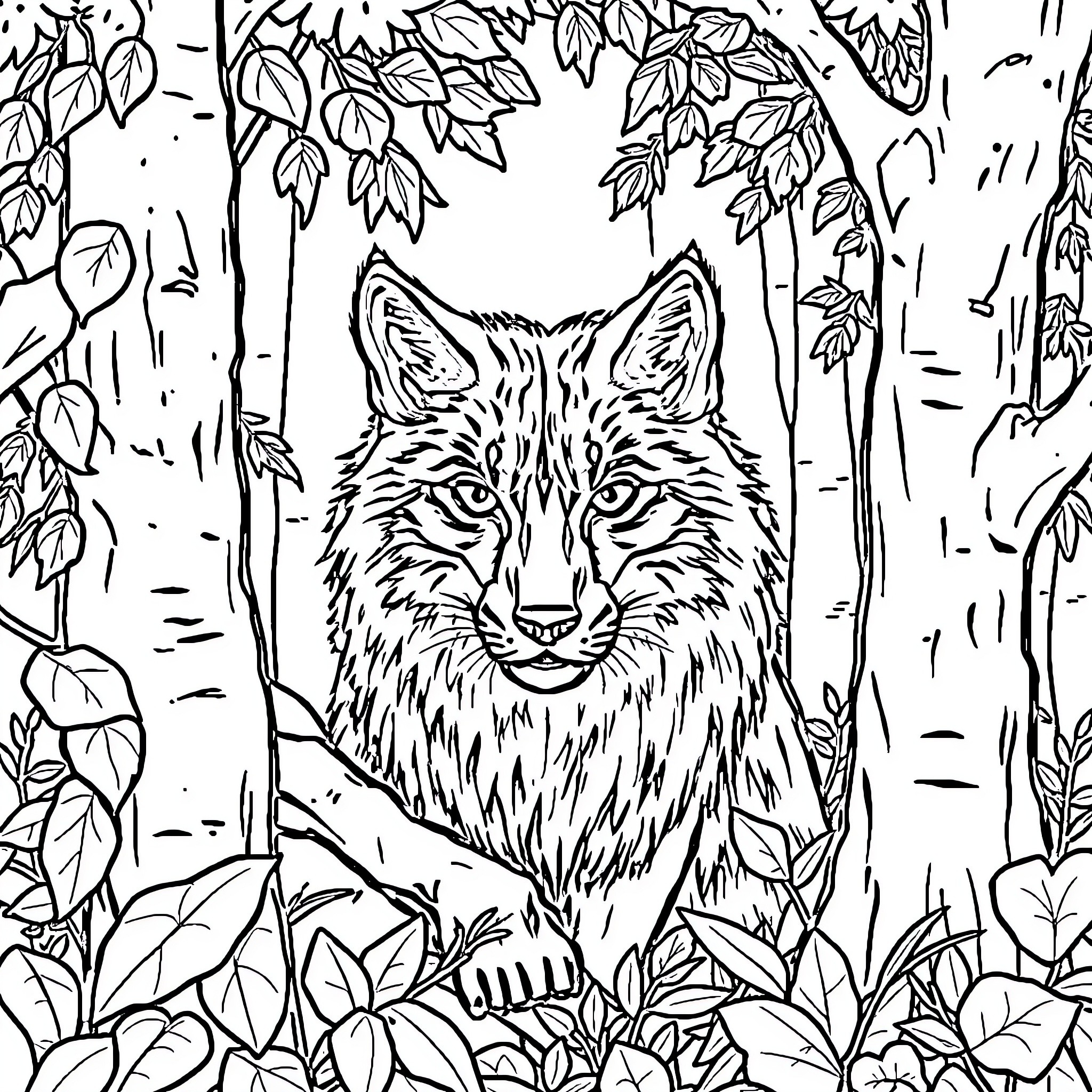 Wolf in a Lush Forest Landscape Coloring Page (free black-and-white line drawing printable PDF for all, from beginners to advanced learners, including children, teens, adults, and seniors)