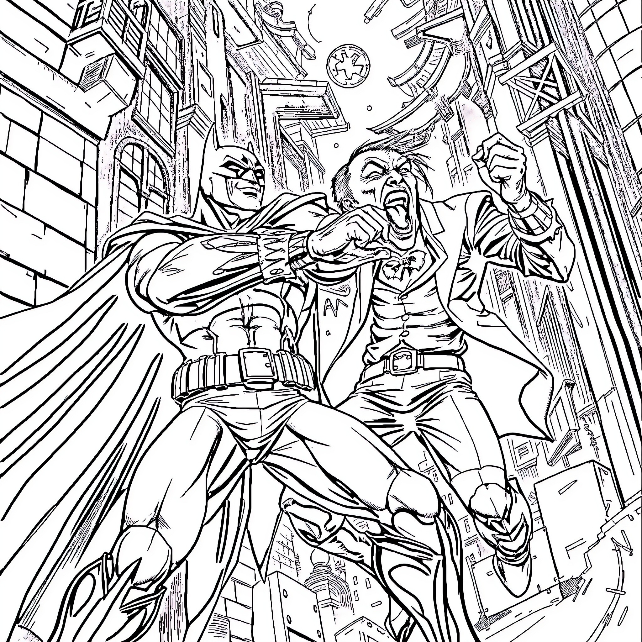 Barman in action: Superheroes clash in the city streets Coloring Page (free black-and-white line drawing printable PDF for all, from beginners to advanced learners, including children, teens, adults, and seniors)