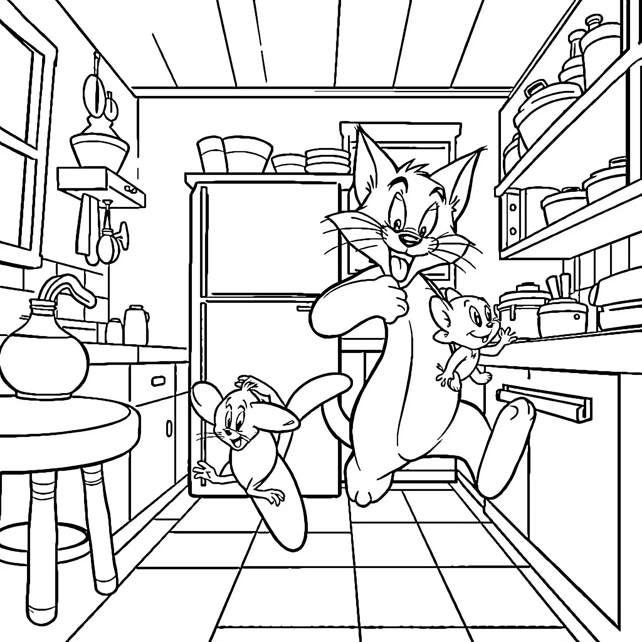 Tom and Jerry's Chaotic Kitchen Antics Coloring Page (free black-and-white line drawing printable PDF for all, from beginners to advanced learners, including children, teens, adults, and seniors)