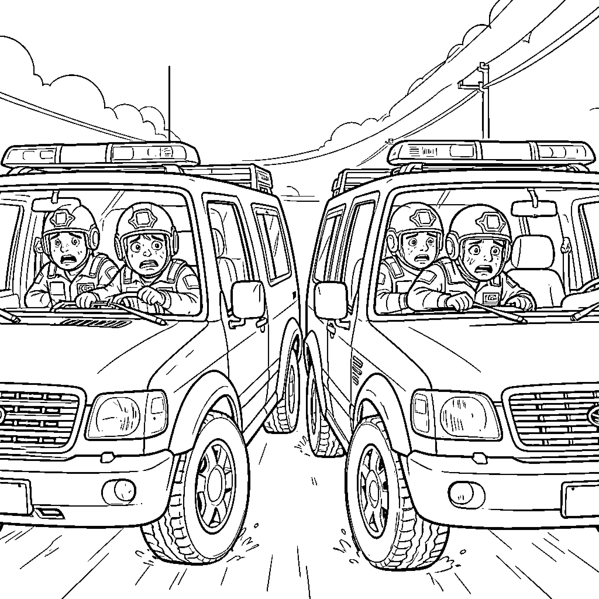 Agent Firefighters Responding to Emergency Call Coloring Page (free black-and-white line drawing printable PDF for all, from beginners to advanced learners, including children, teens, adults, and seniors)