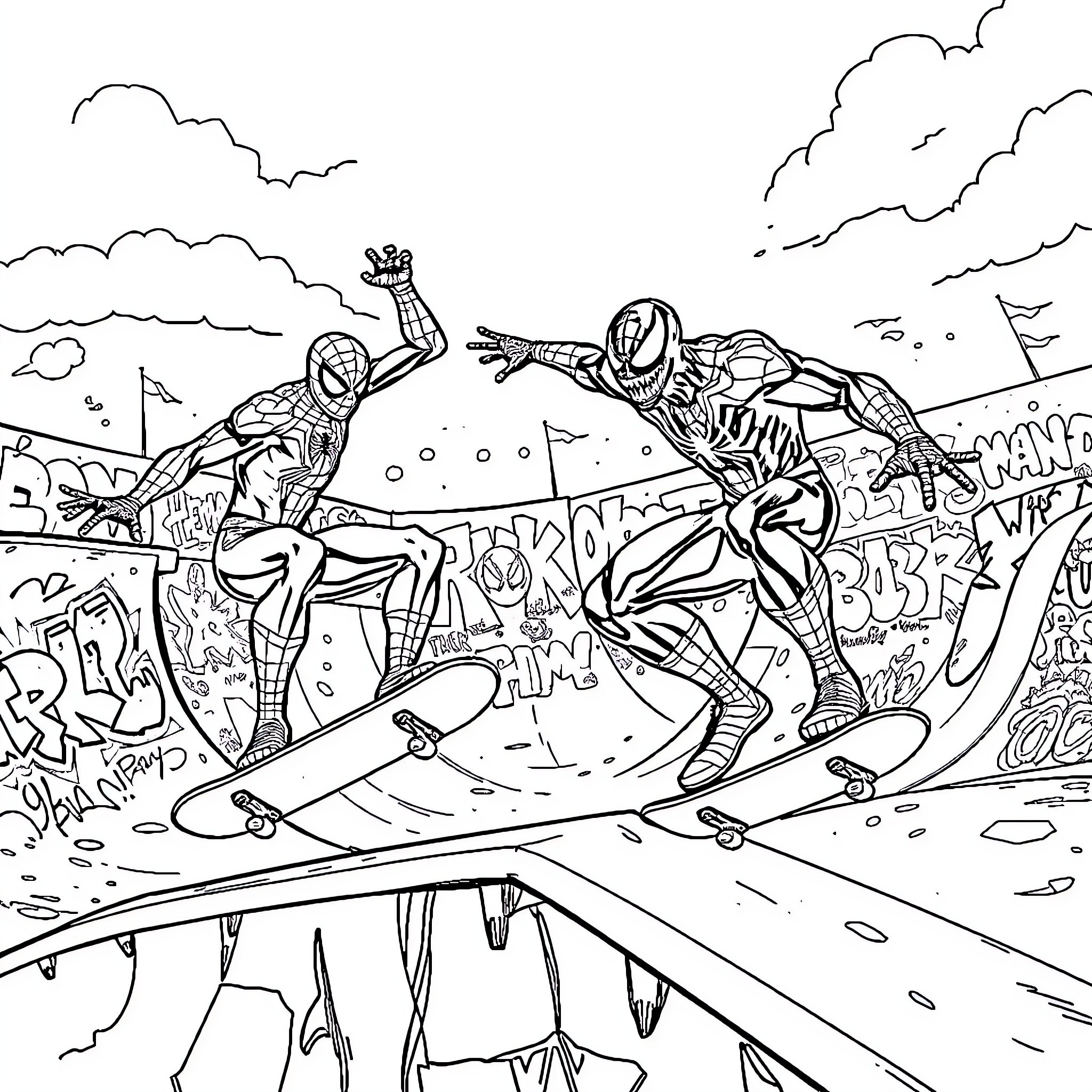 Spider-Man saving civilians in a skate park Coloring Page (free black-and-white line drawing printable PDF for all, from beginners to advanced learners, including children, teens, adults, and seniors)
