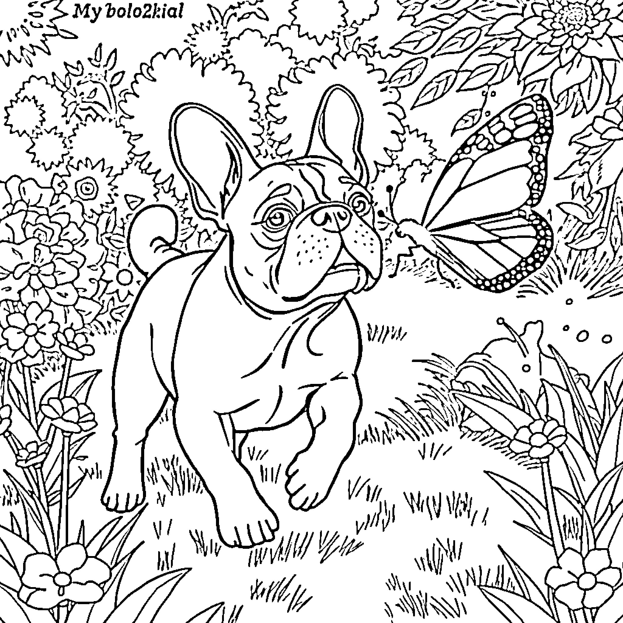 French Bulldog exploring floral garden with butterflies Coloring Page (free black-and-white line drawing printable PDF for all, from beginners to advanced learners, including children, teens, adults, and seniors)
