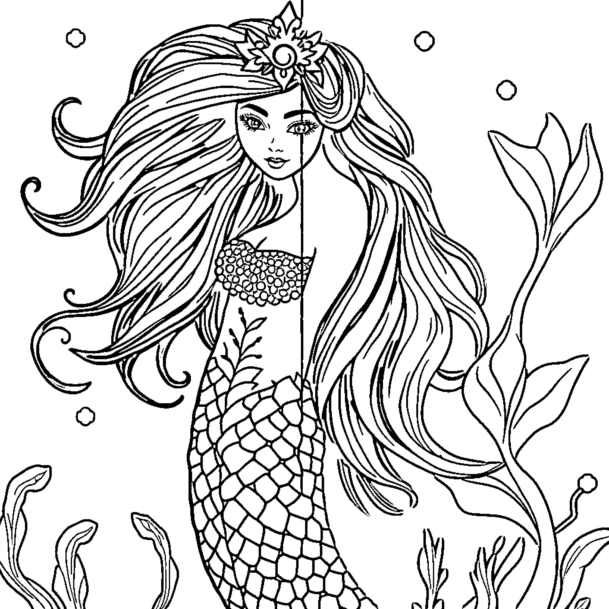 Sirena - Underwater Mermaid Adventure Coloring Page (free black-and-white line drawing printable PDF for all, from beginners to advanced learners, including children, teens, adults, and seniors)