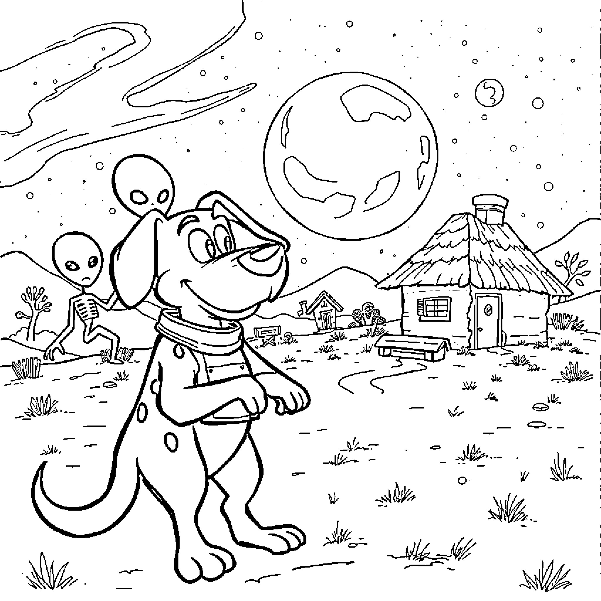 Courageous puppy exploring a strange alien landscape Coloring Page (free black-and-white line drawing printable PDF for all, from beginners to advanced learners, including children, teens, adults, and seniors)
